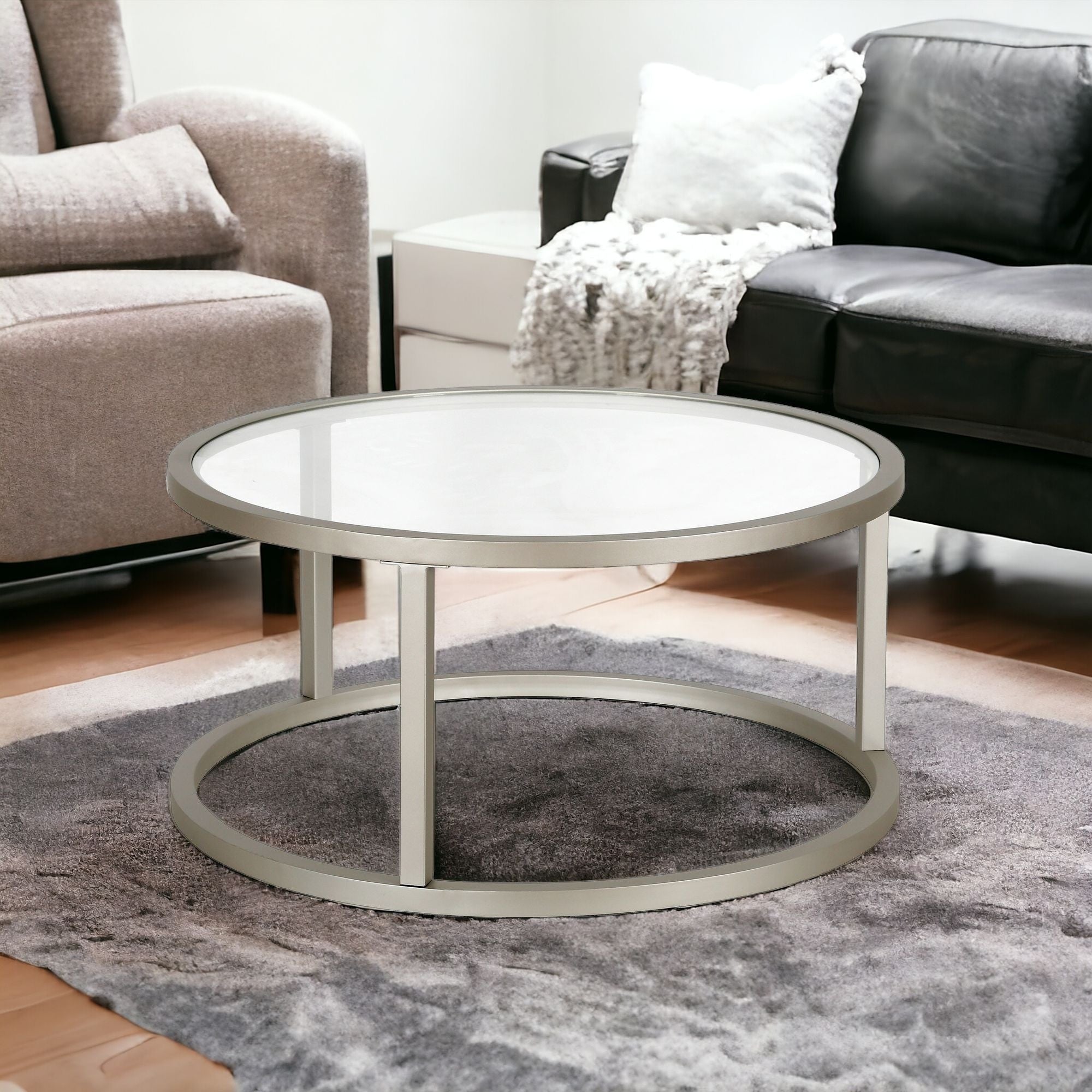 35" Silver Glass And Steel Round Coffee Table