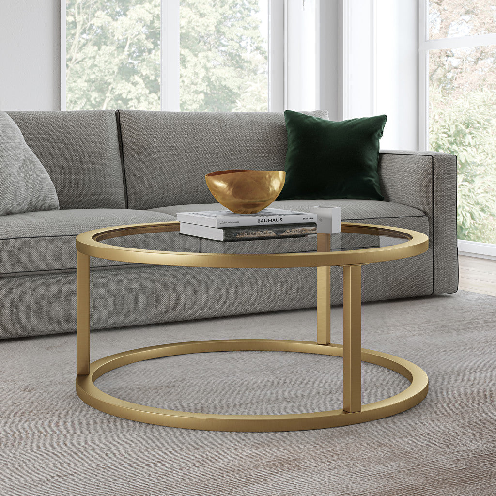 35" Gold Glass And Steel Round Coffee Table