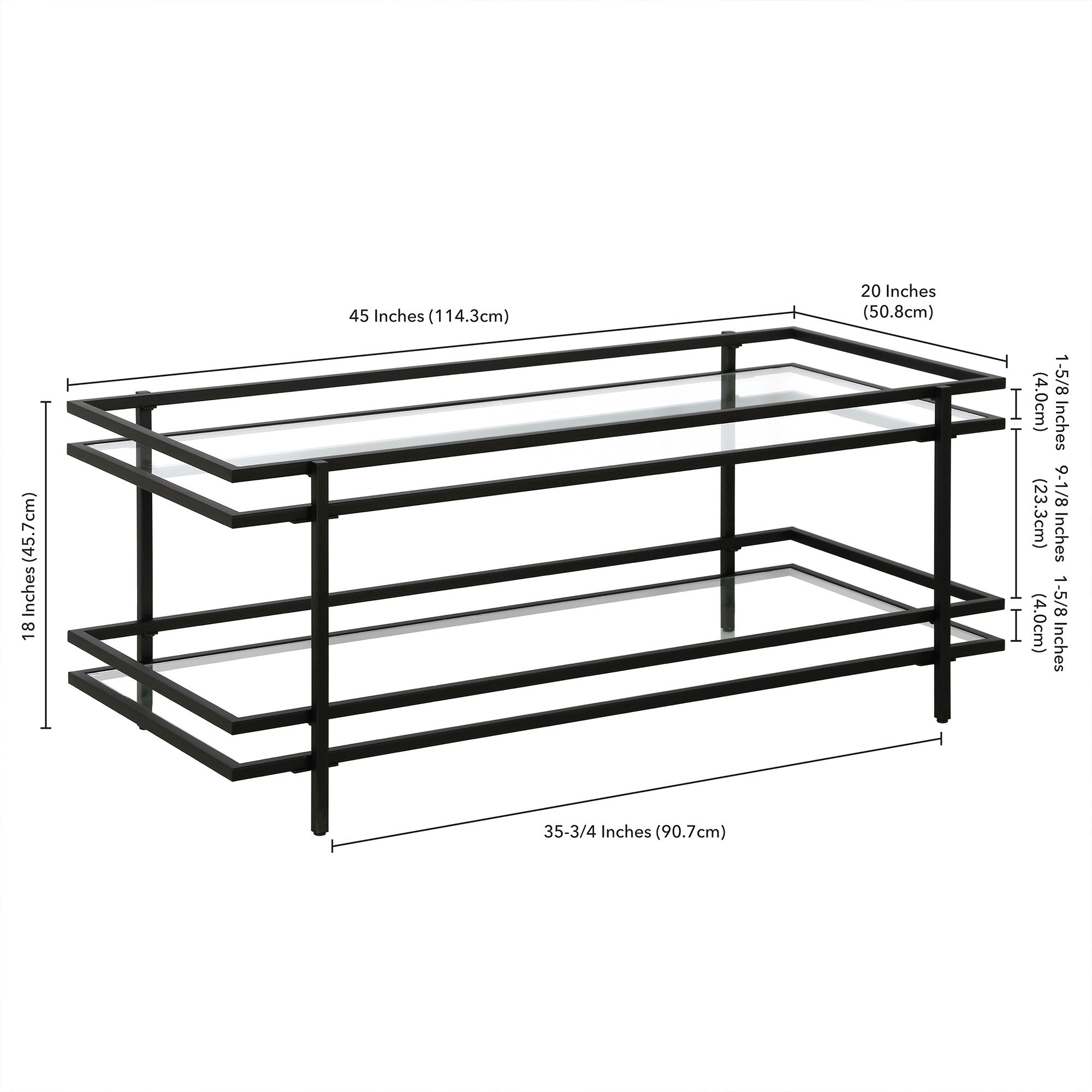 45" Black Glass And Steel Coffee Table With Shelf