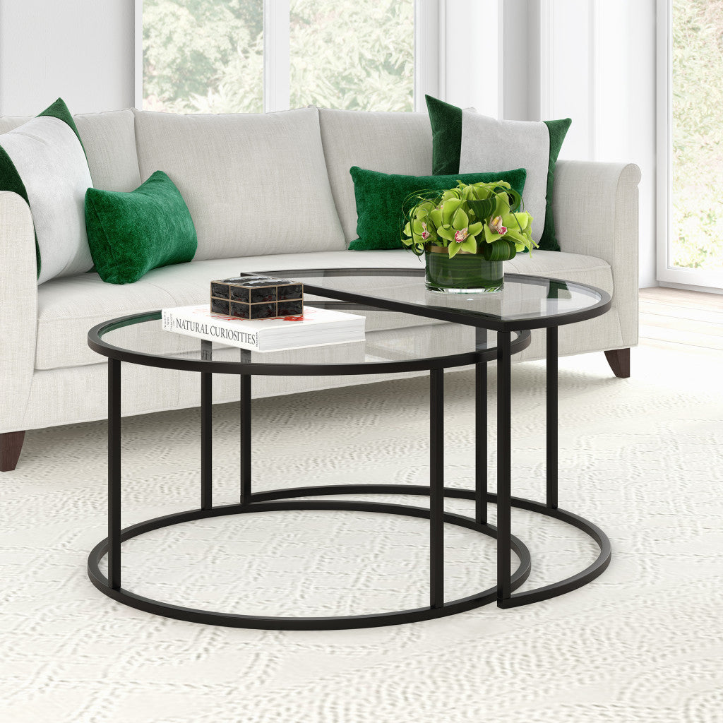 Set of Two 33" Black Glass And Steel Half Circle Nested Coffee Tables