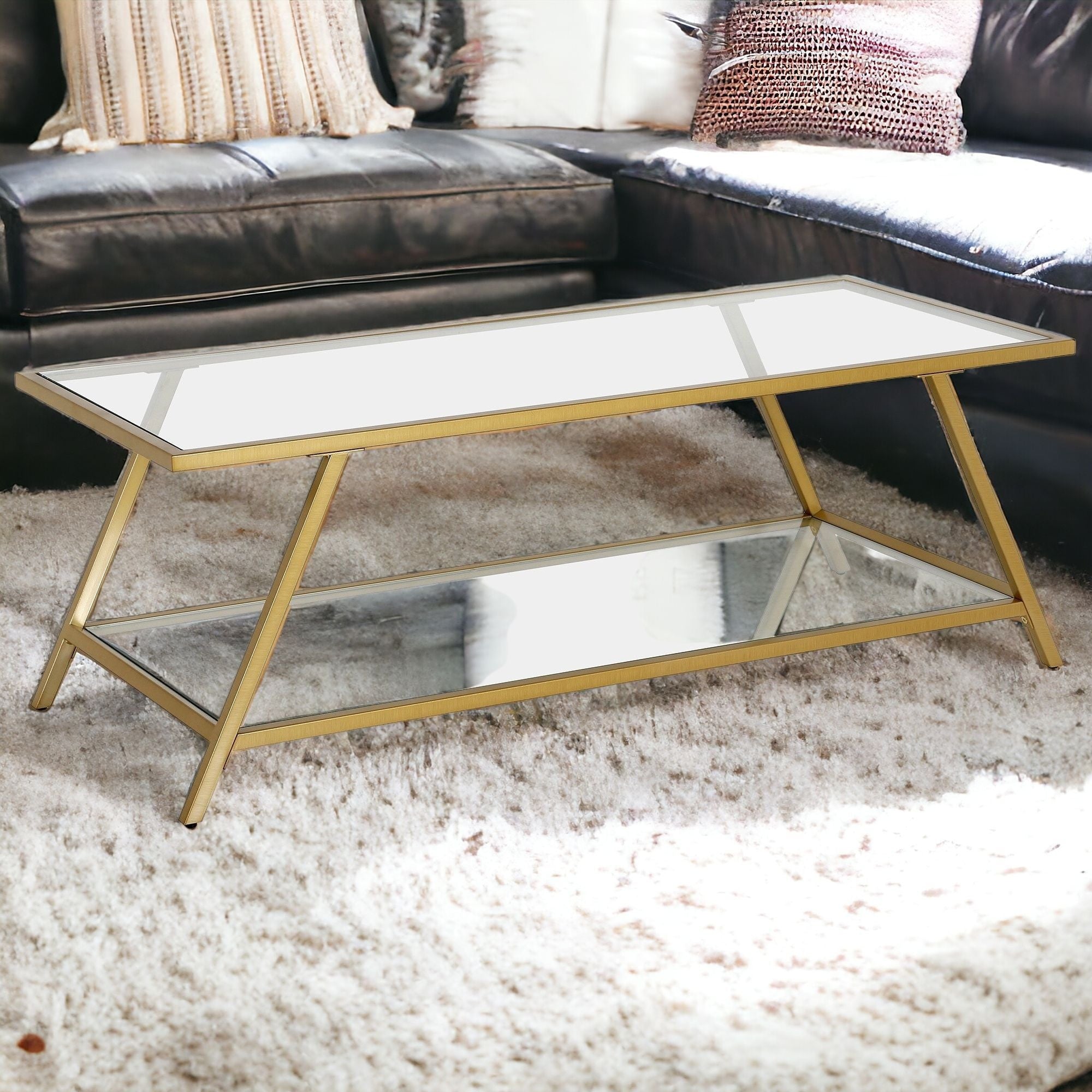 48" Gold Glass And Steel Coffee Table With Shelf