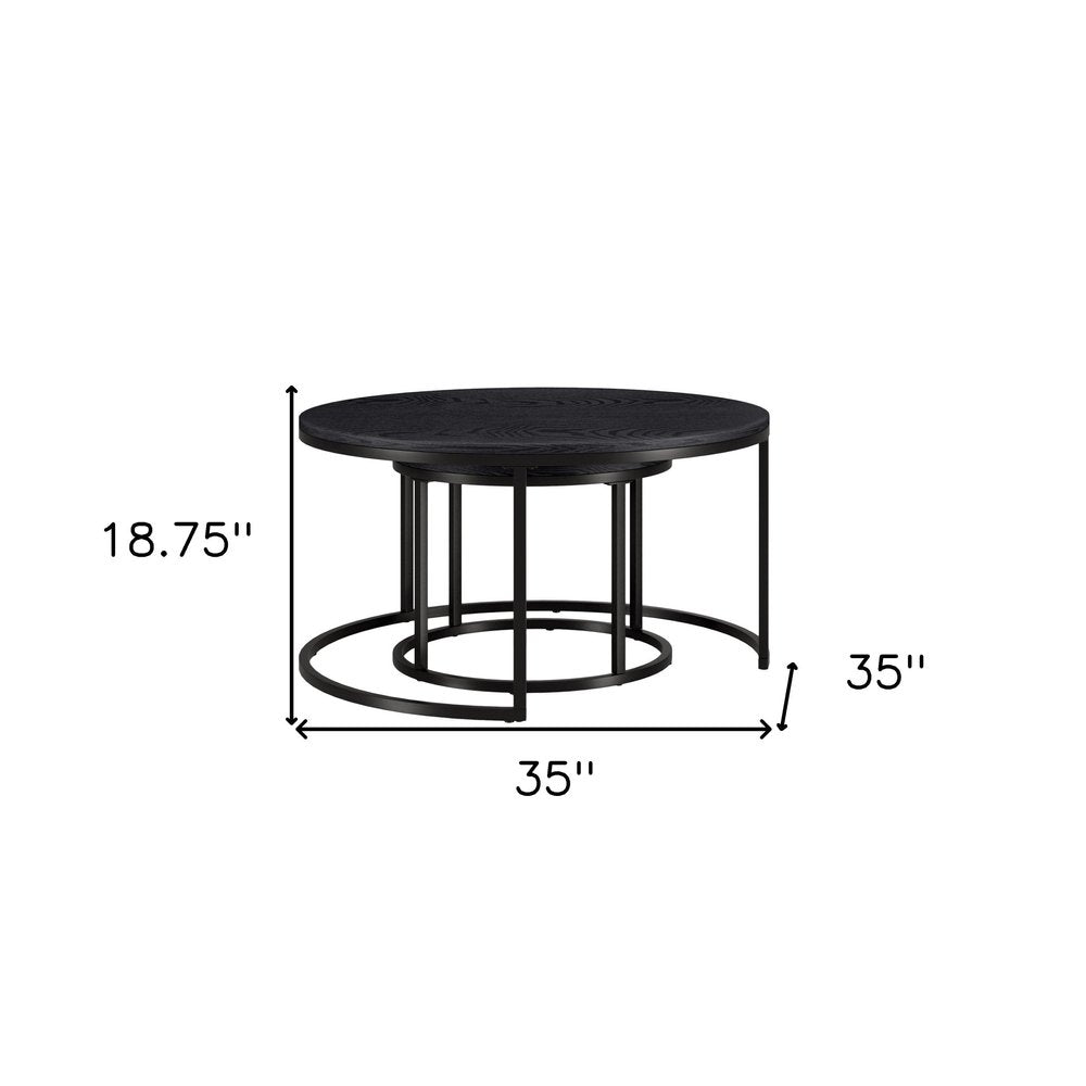 Set of Two Black Wood And Steel Round Frame Nested Coffee Tables