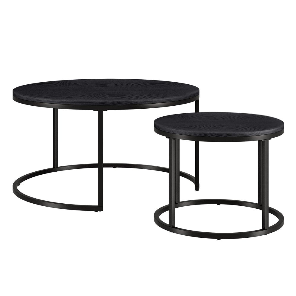 Set of Two Black Wood And Steel Round Frame Nested Coffee Tables