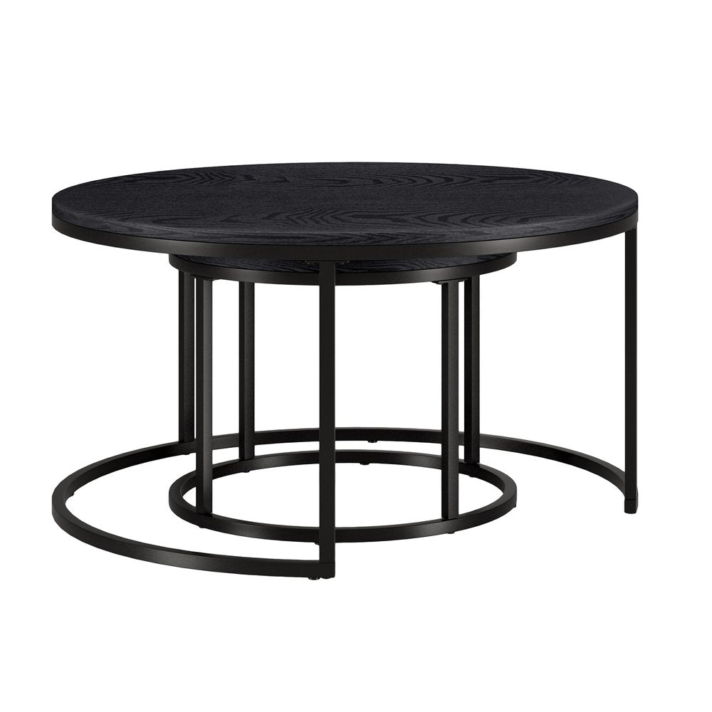 Set of Two Black Wood And Steel Round Frame Nested Coffee Tables