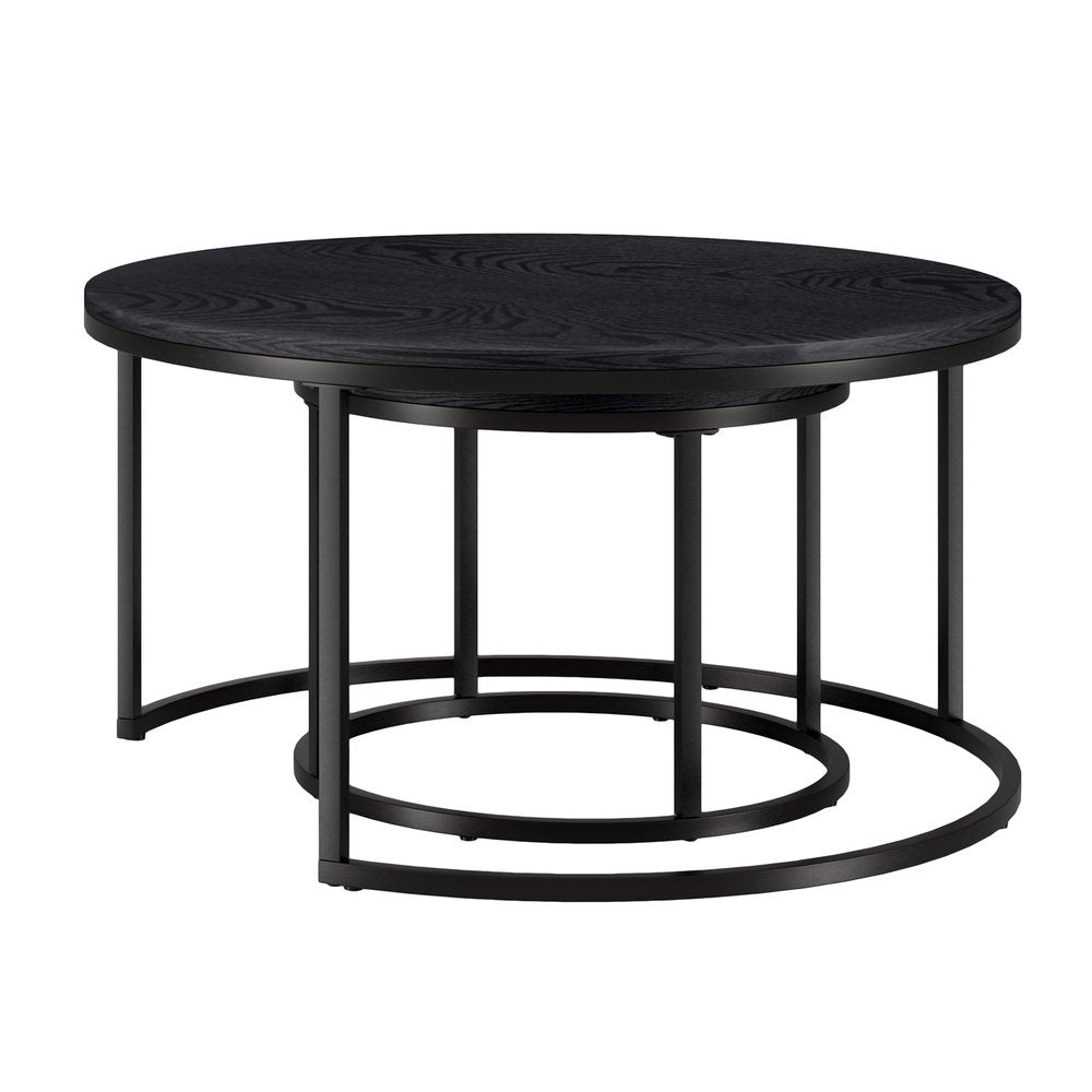 Set of Two Black Wood And Steel Round Frame Nested Coffee Tables