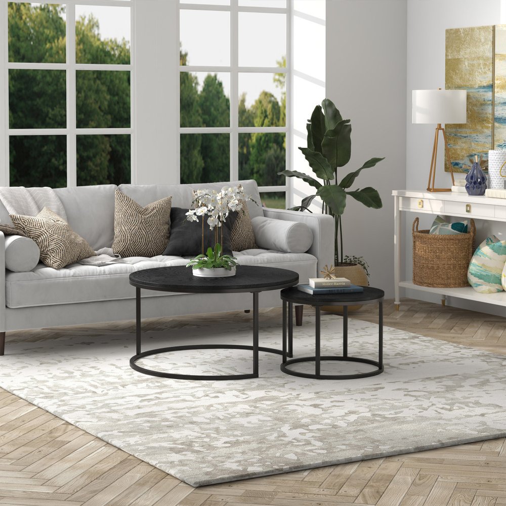 Set of Two Black Wood And Steel Round Frame Nested Coffee Tables