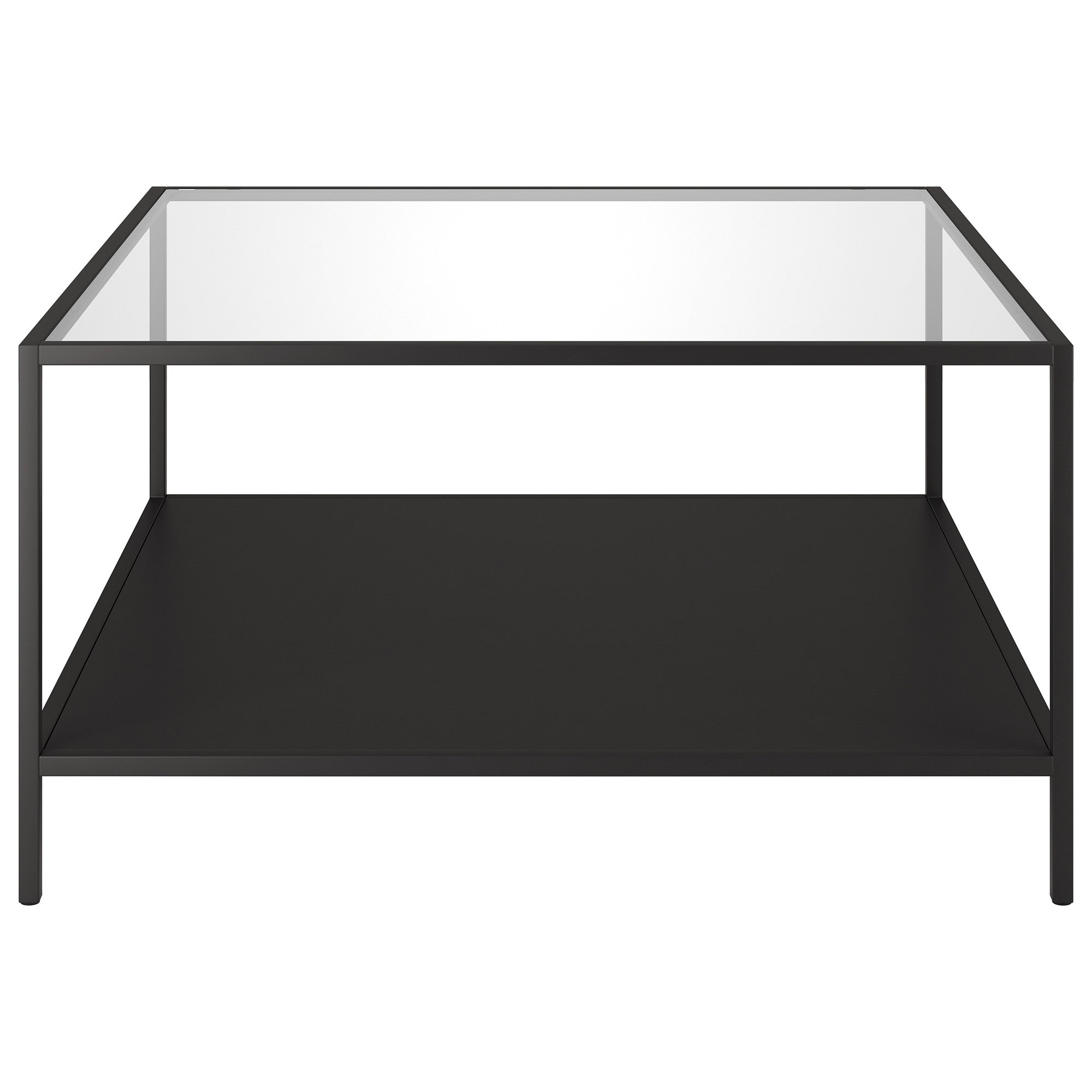 32" Black Glass And Steel Square Coffee Table With Shelf