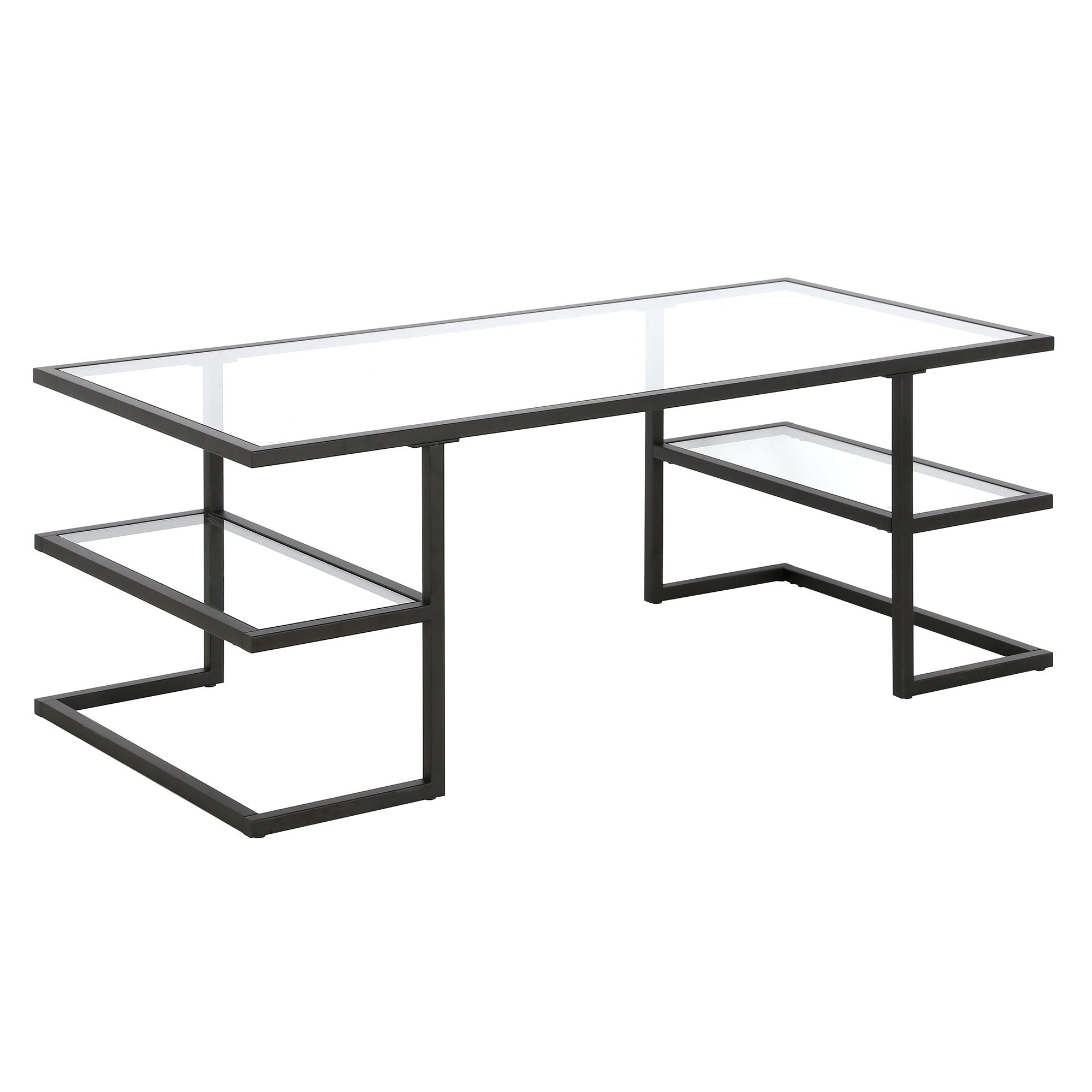47" Black Glass And Steel Coffee Table With Two Shelves