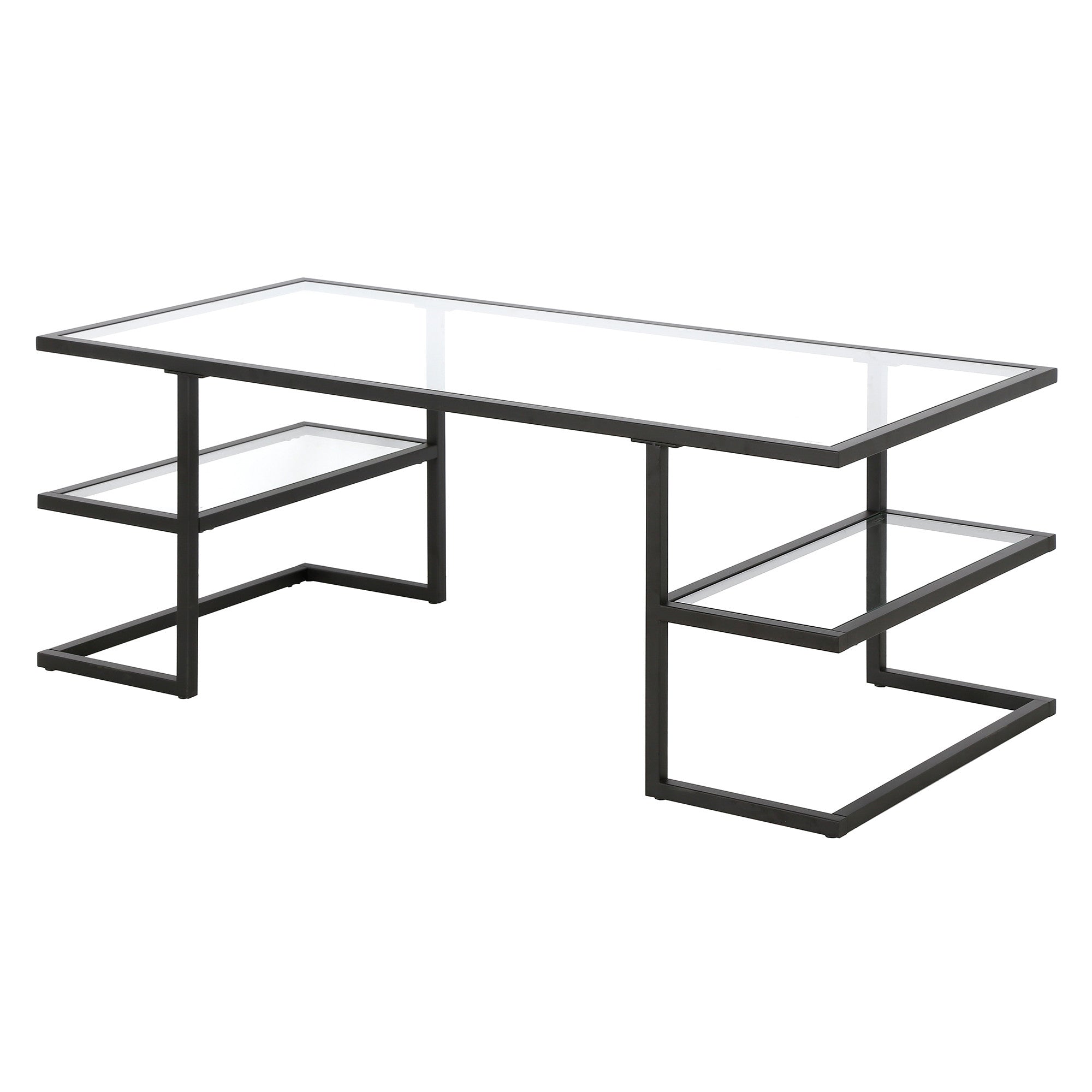47" Black Glass And Steel Coffee Table With Two Shelves