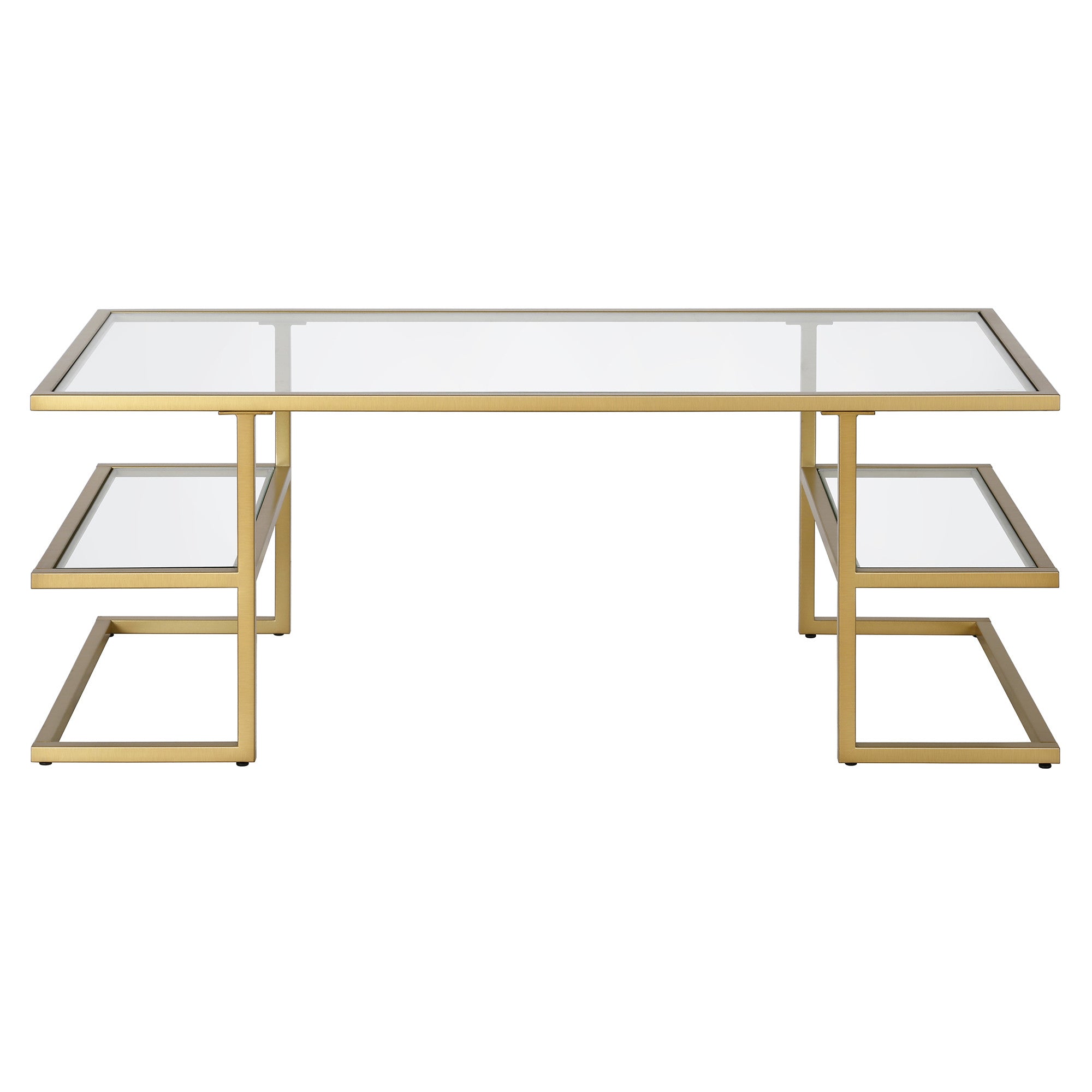 47" Gold Glass And Steel Coffee Table With Two Shelves