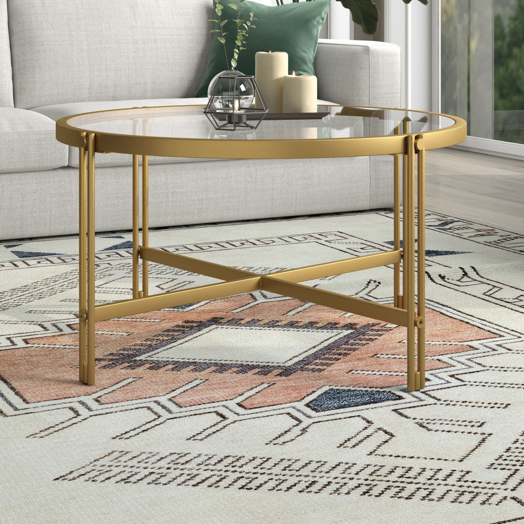 32" Gold Glass And Steel Round Coffee Table