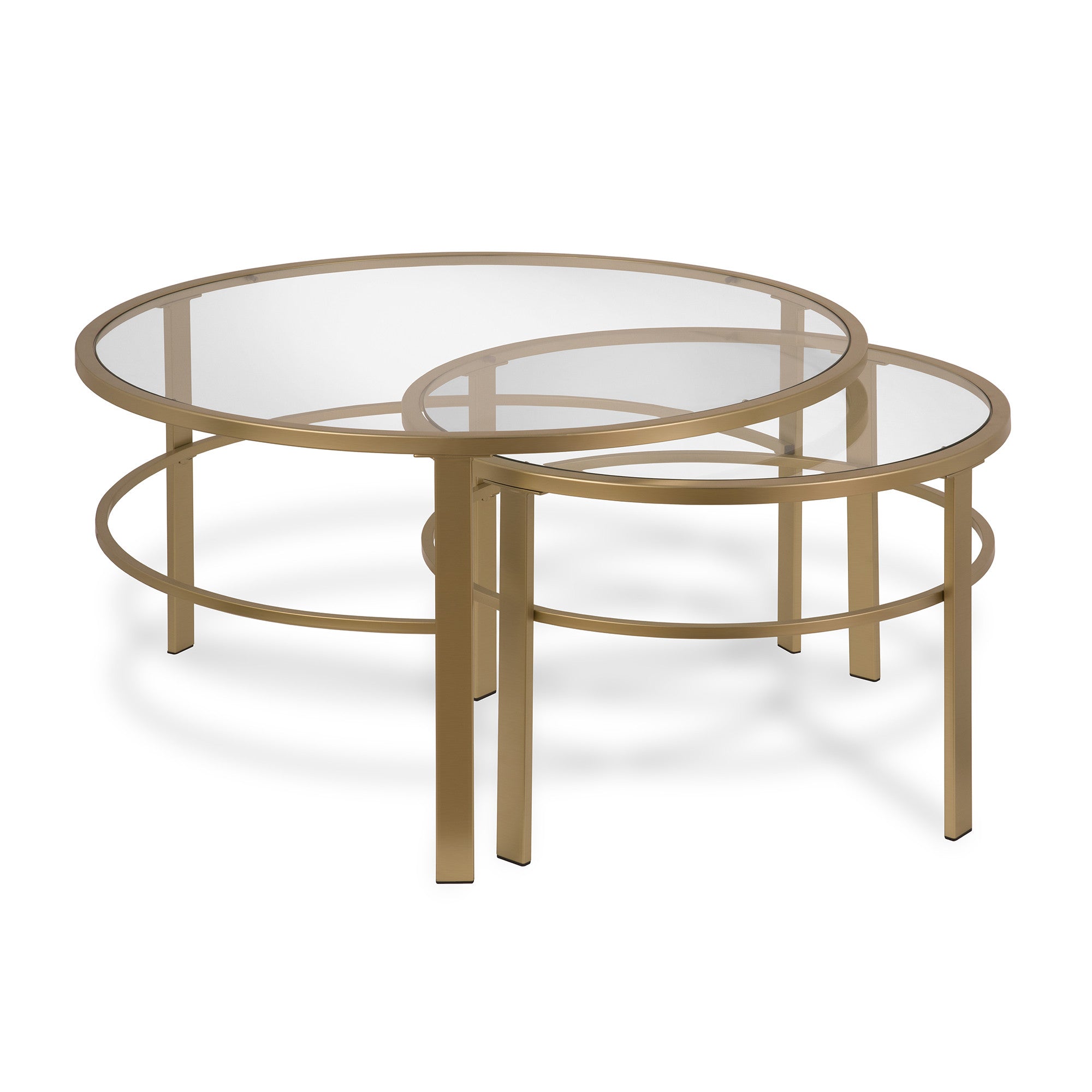 Set of Two 36" Gold Glass And Steel Round Nested Coffee Tables