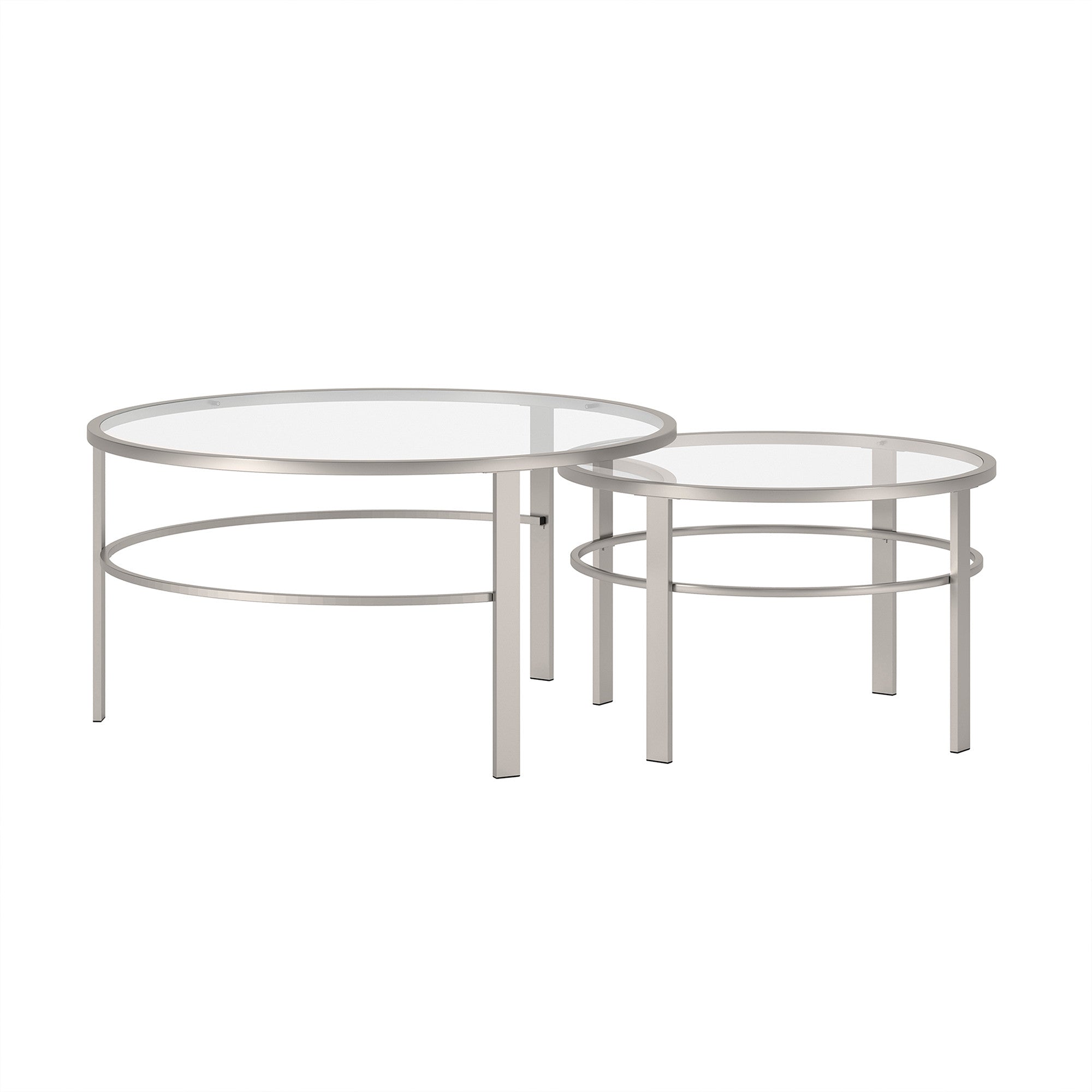 Set of Two 36" Silver Glass And Steel Round Nested Coffee Tables