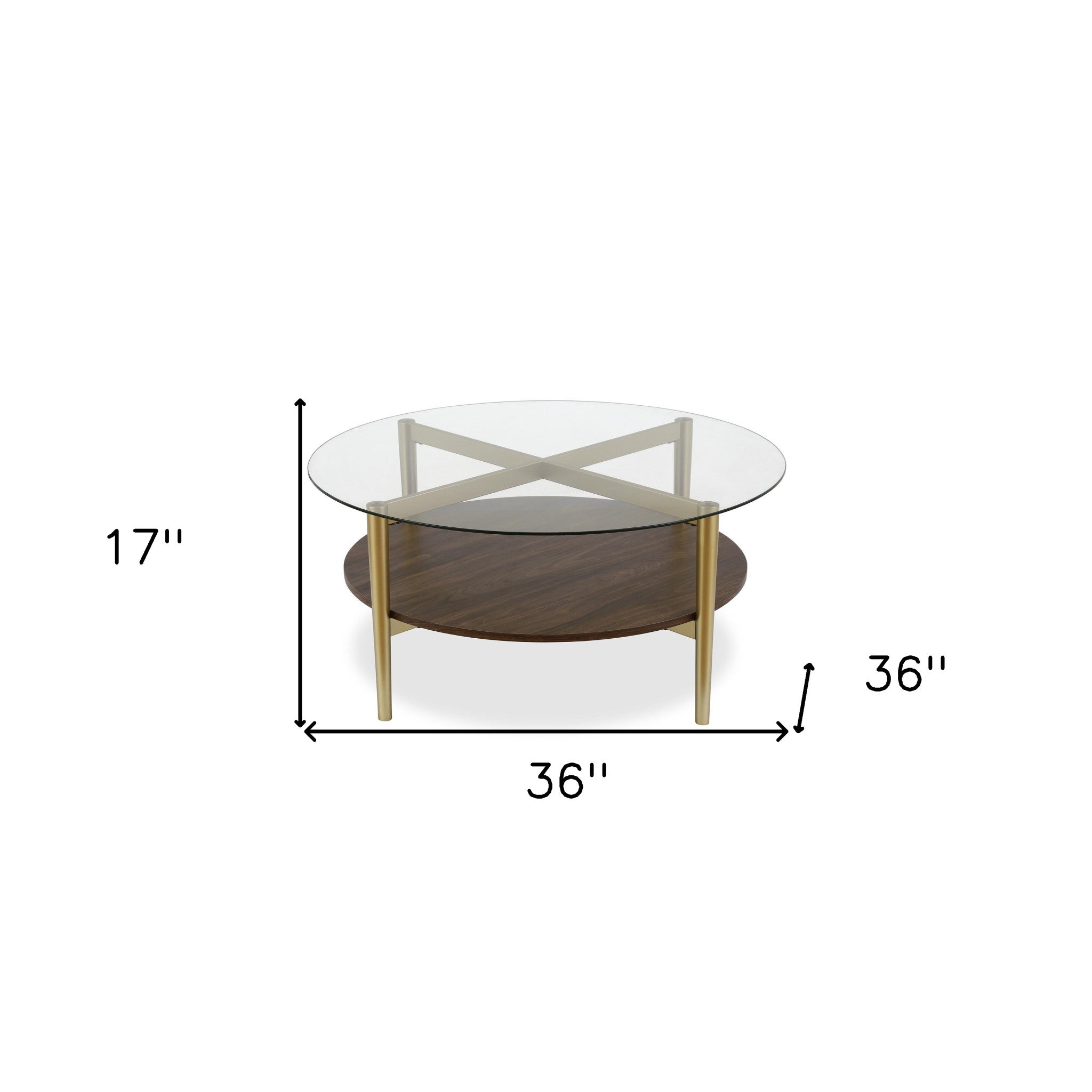 36" Gold Glass And Steel Round Coffee Table With Shelf