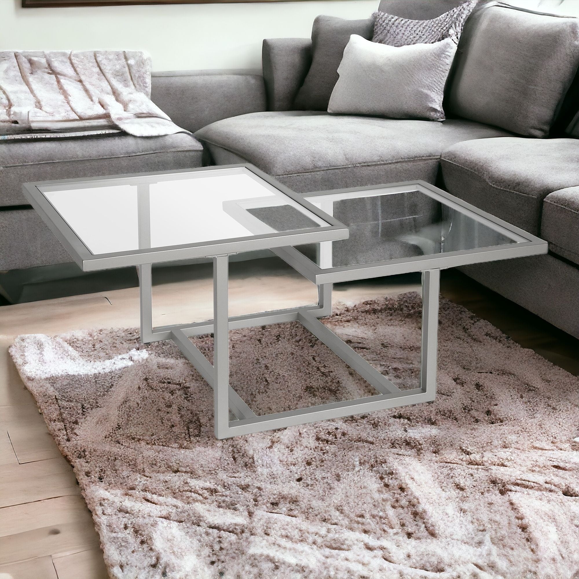 43" Silver Glass And Steel Square Coffee Table With Two Shelves