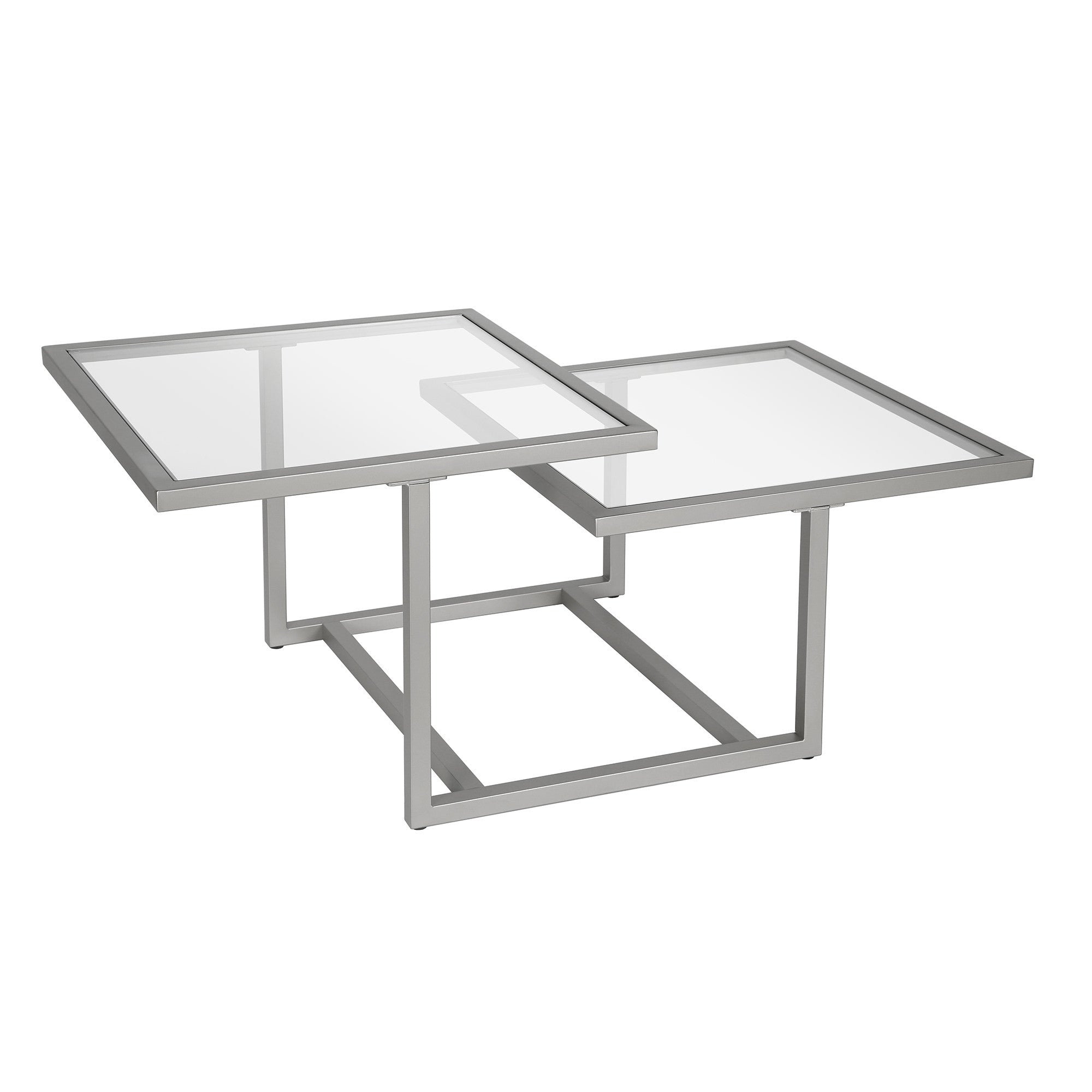 43" Silver Glass And Steel Square Coffee Table With Two Shelves