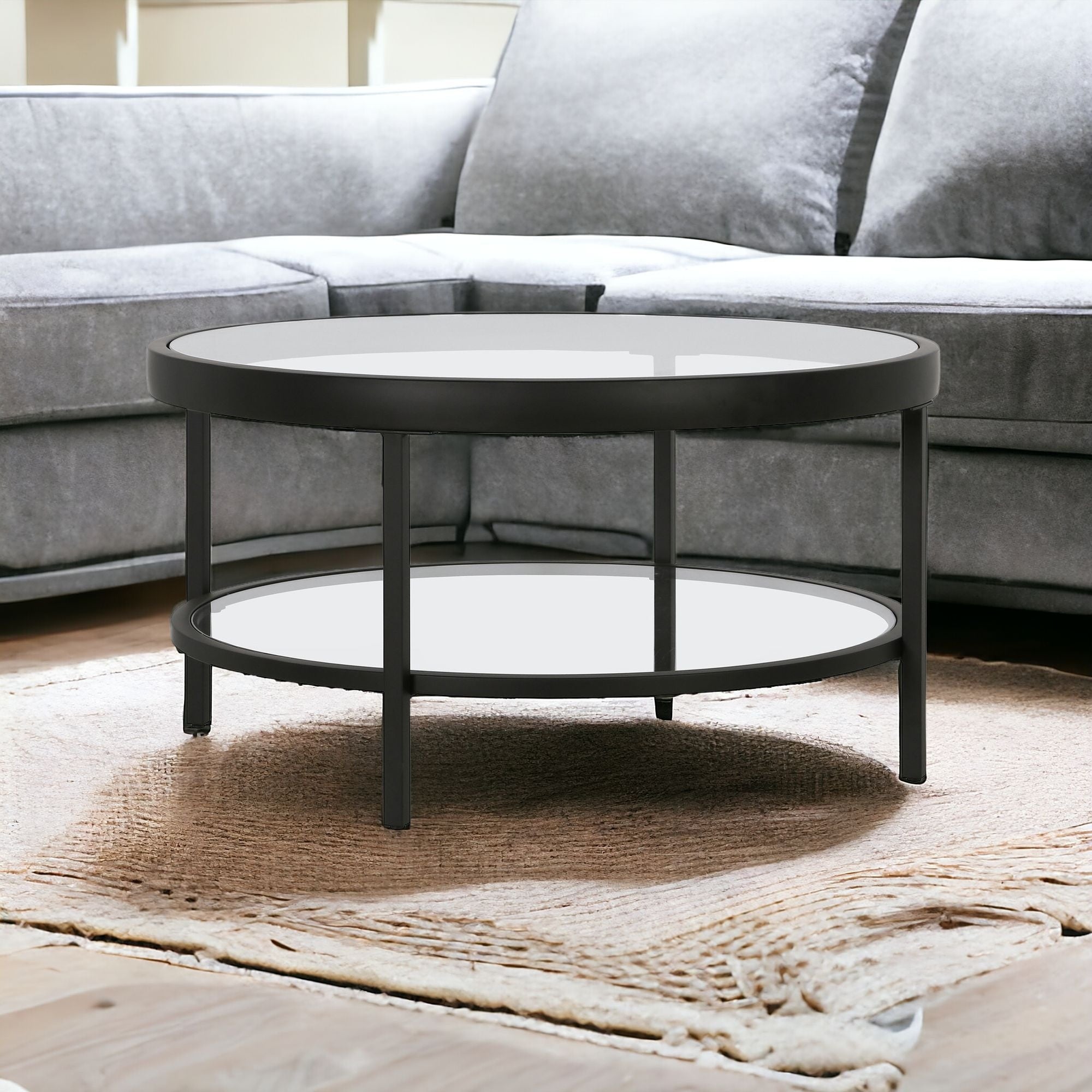 32" Black Glass And Steel Round Coffee Table With Shelf
