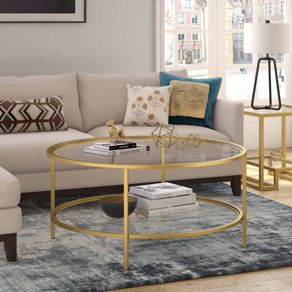 36" Gold Glass And Steel Round Coffee Table With Shelf