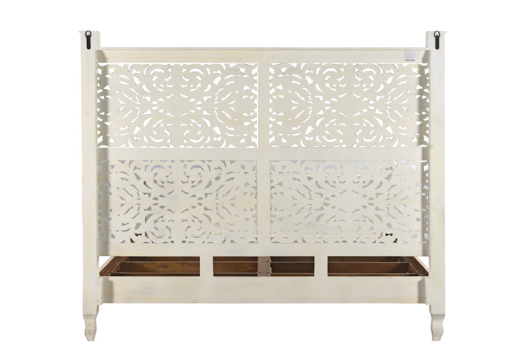 White Carved Floral Distressed Solid Wood King Bed Frame