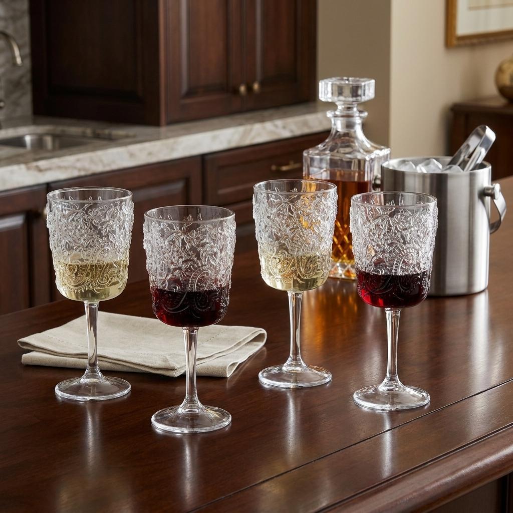 Set of Four Clear Paisley Acrylic Stemmed All Purpose Wine Glass