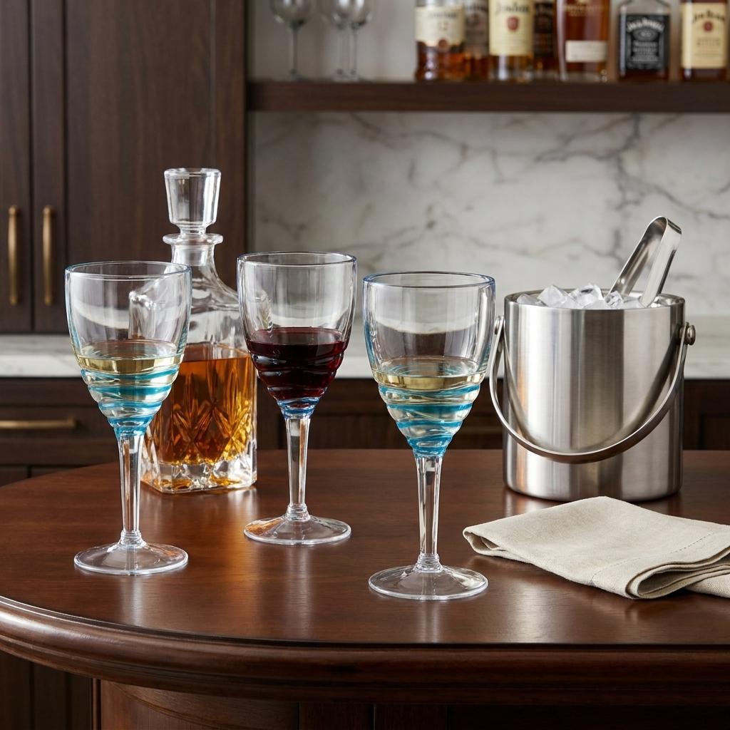 Set of Four Clear and Blue Swirl Acrylic Stemmed All Purpose Wine Glass