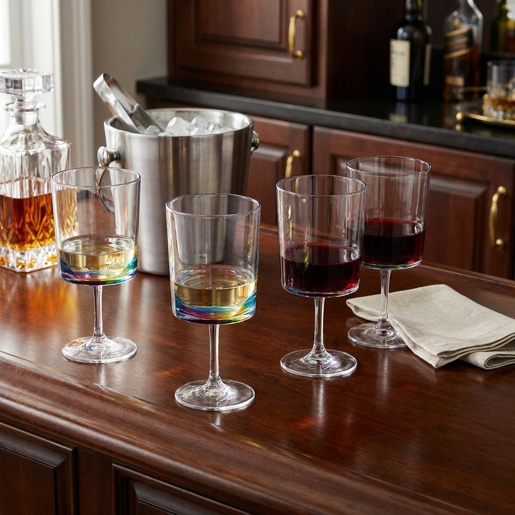 Set of Four Clear and Rainbow Geometric Acrylic Stemmed All Purpose Wine Glasses
