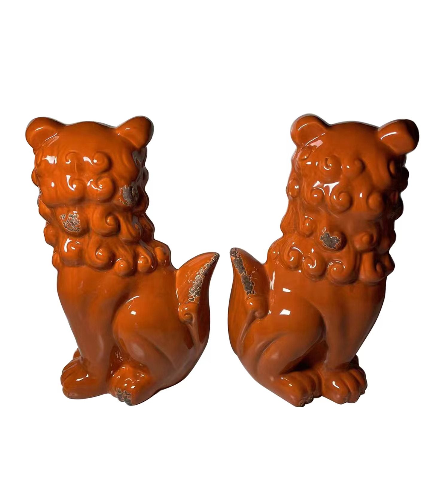 Set of Two Orange Ceramic Dog Sculptures