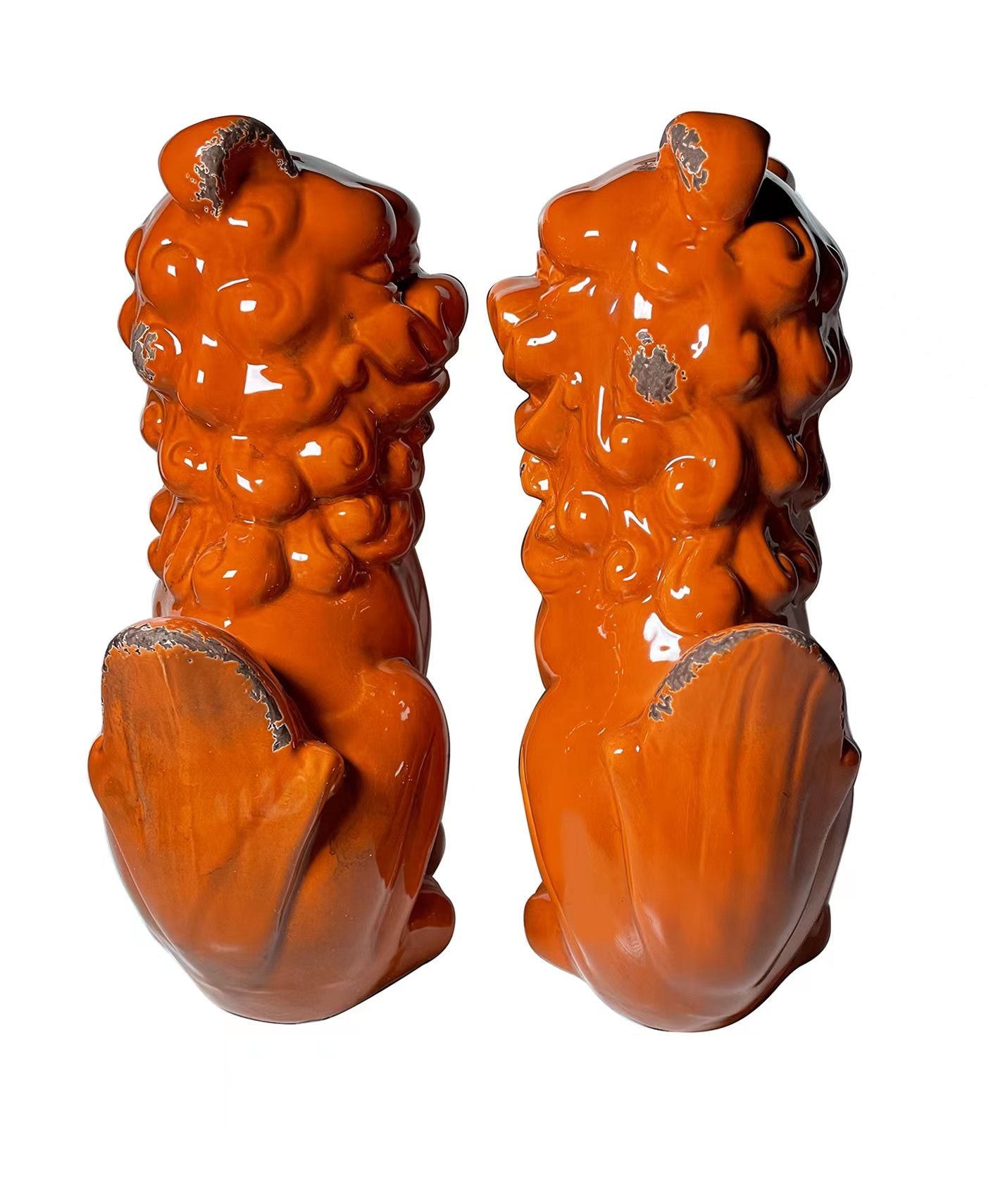 Set of Two Orange Ceramic Dog Sculptures