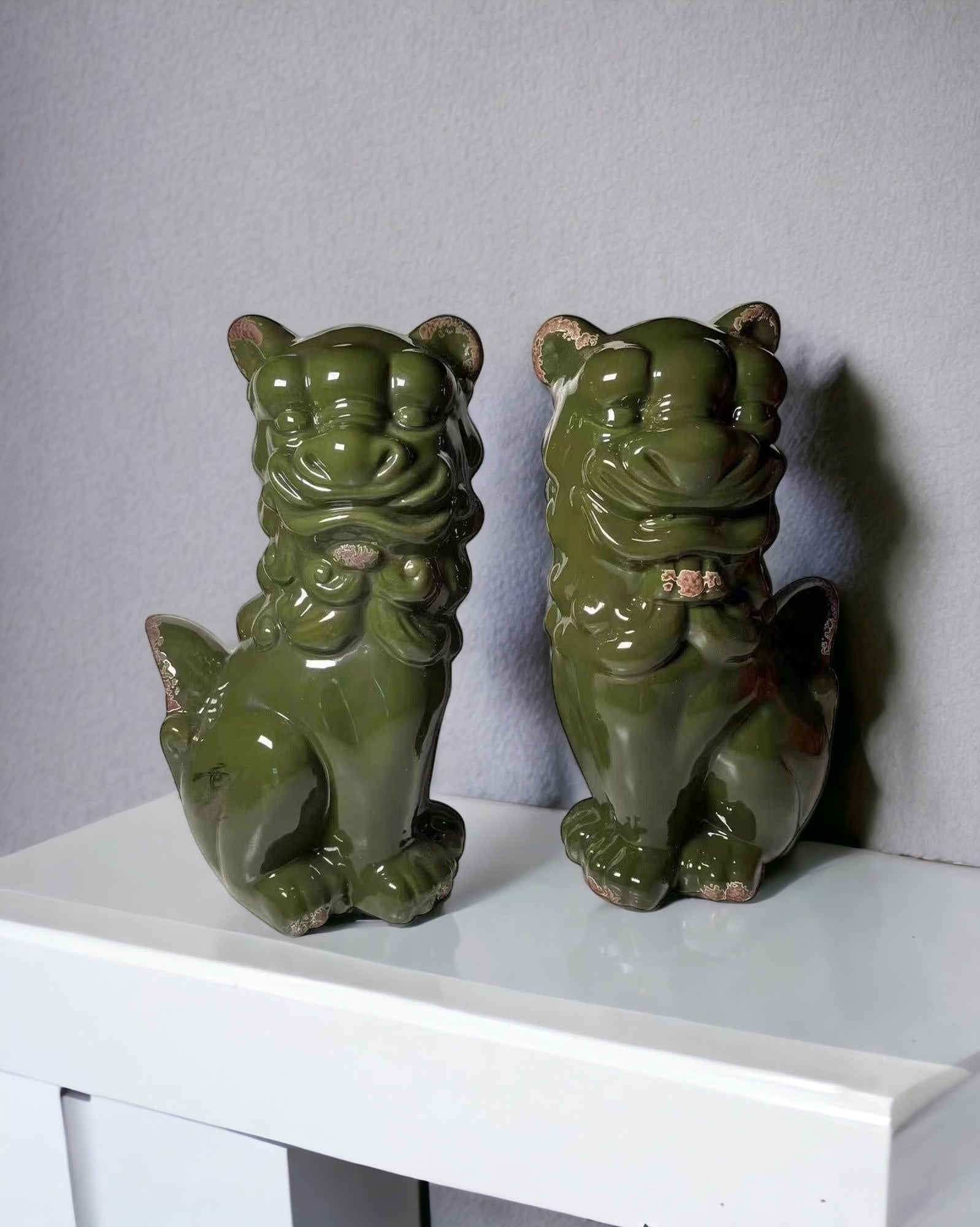 Set of Two Green Ceramic Dog Sculptures