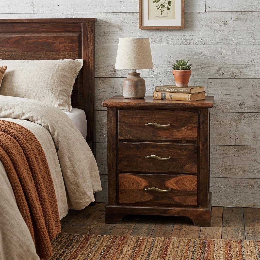27" Dark Brown Solid Wood Three Drawer Nightstand