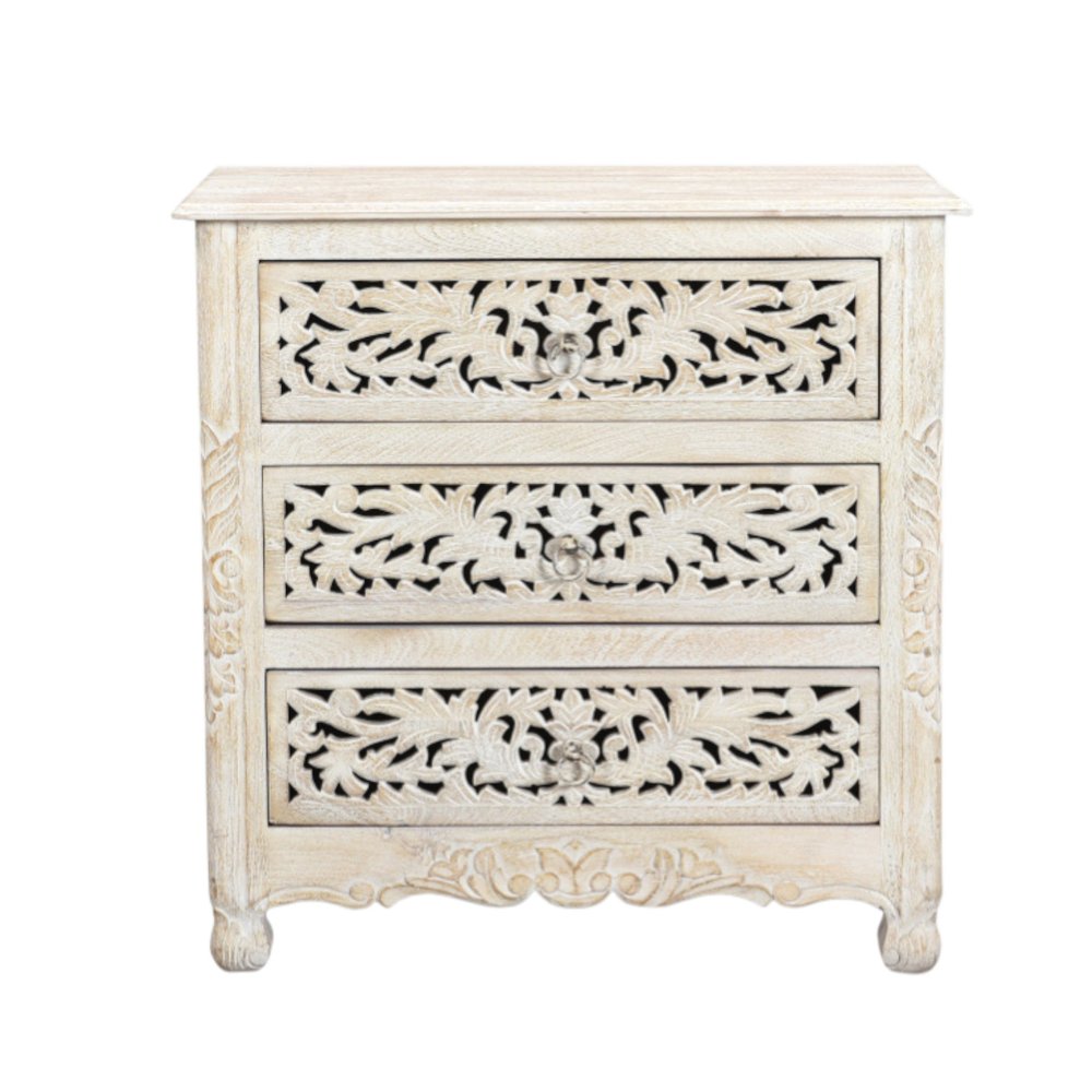30" White Solid Wood Distressed Three Drawer Nightstand
