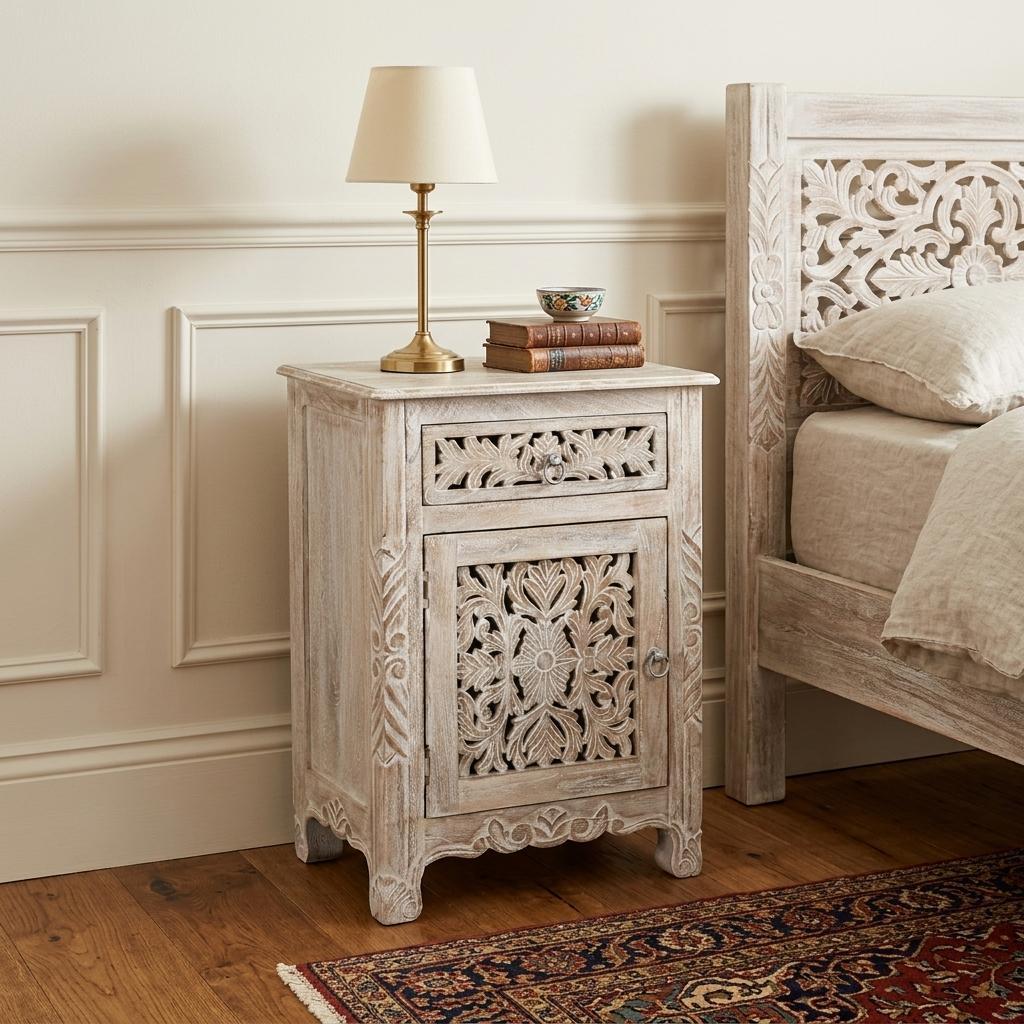 30" White Solid Wood Distressed One Drawer Nightstand