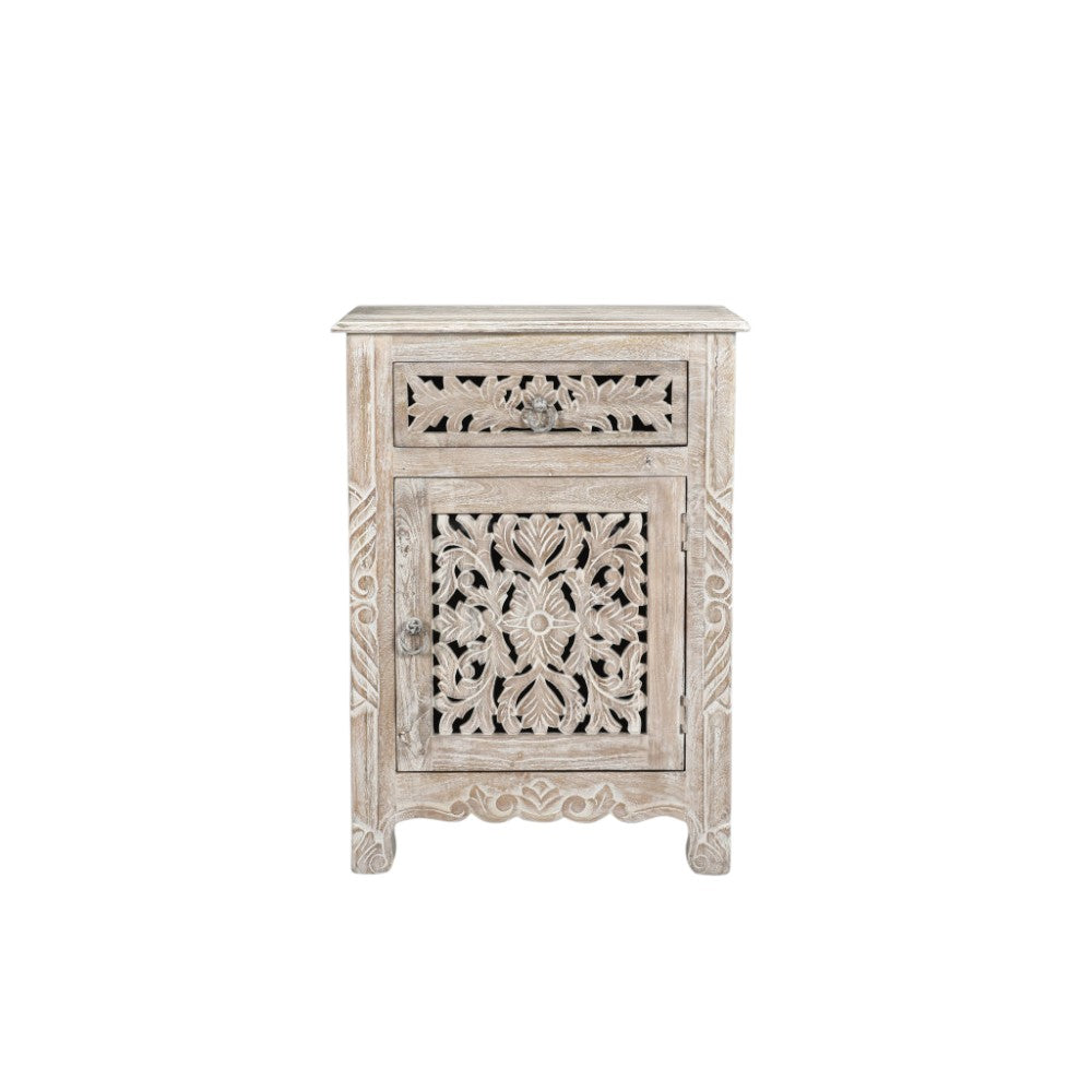 30" Distressed White One Drawer Carved Floral Solid Wood Nightstand