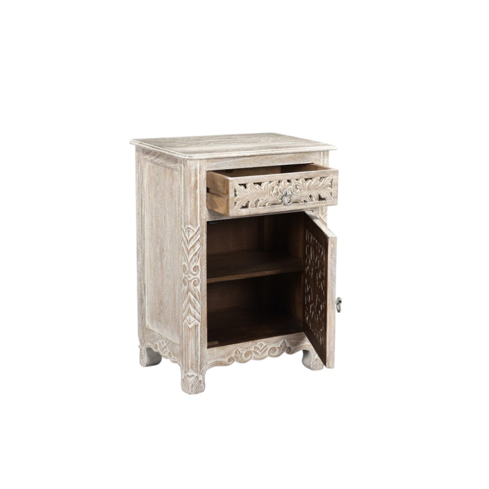 30" Distressed White One Drawer Carved Floral Solid Wood Nightstand