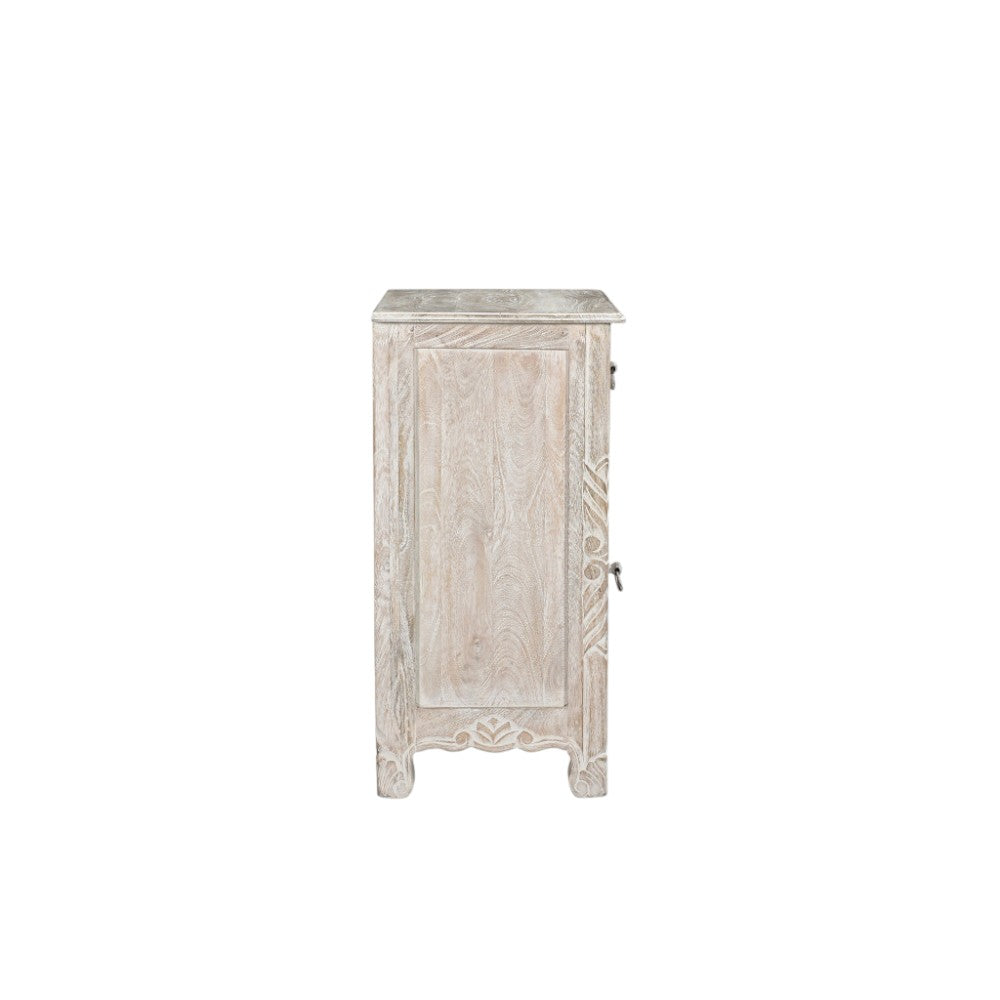 30" Distressed White One Drawer Carved Floral Solid Wood Nightstand