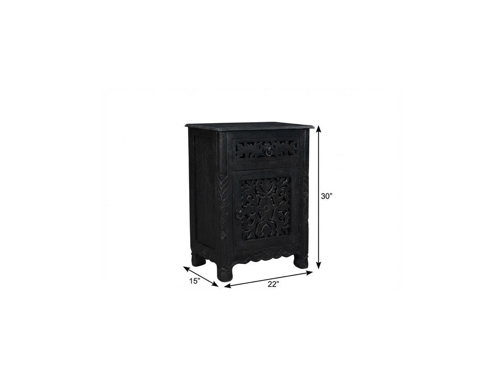 30" Black Solid Wood Distressed One Drawer Nightstand