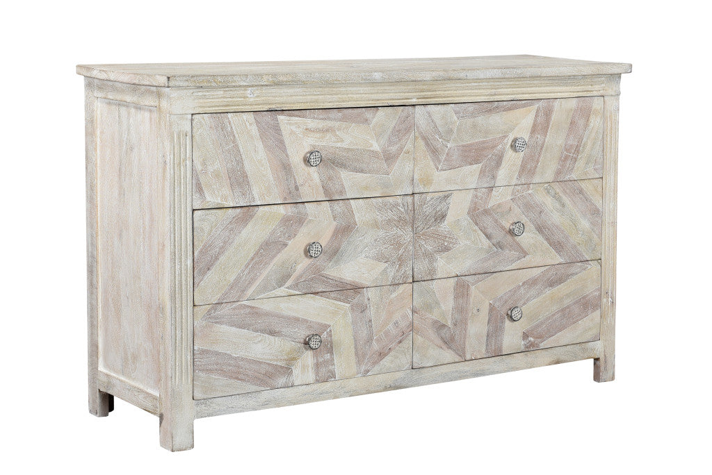 57" White Wash Solid Wood Six Drawer Double Dresser