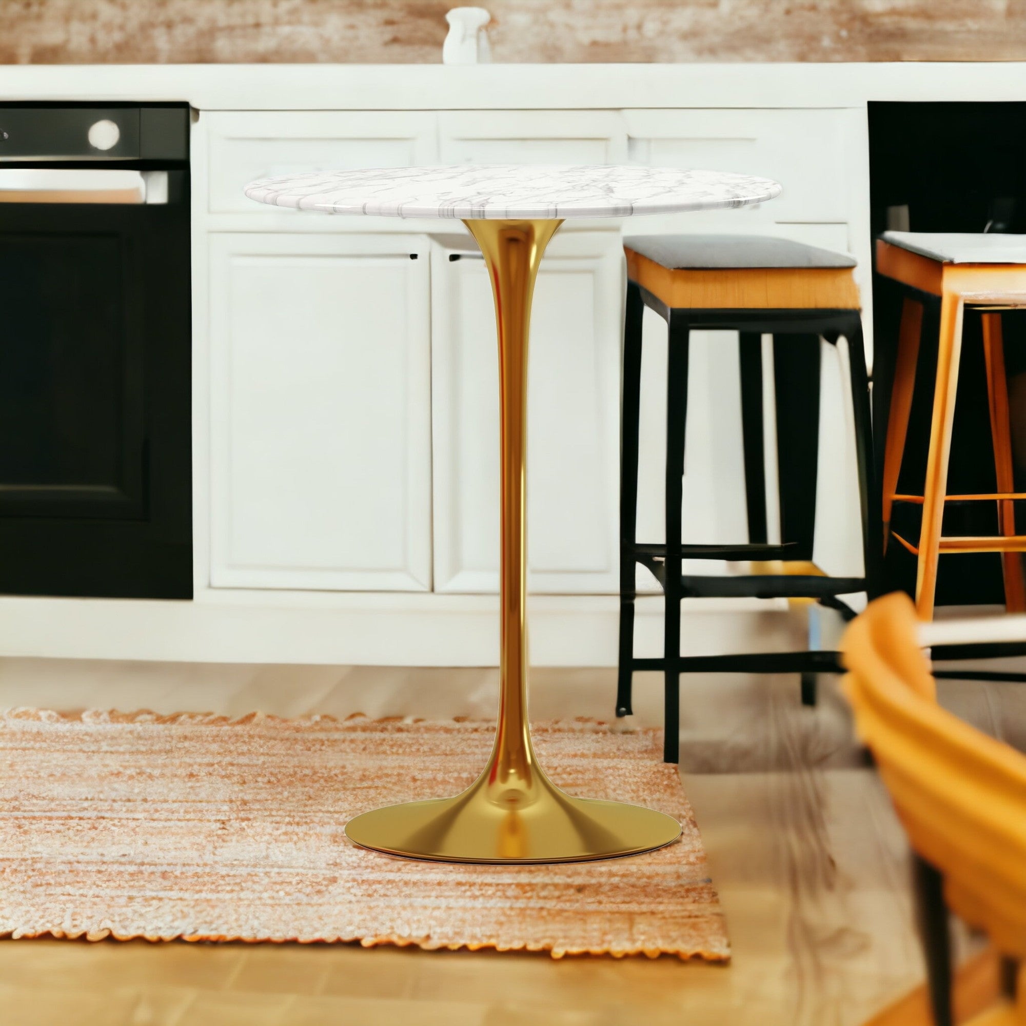 32" White and Gold Rounded Marble and Metal Bar Table