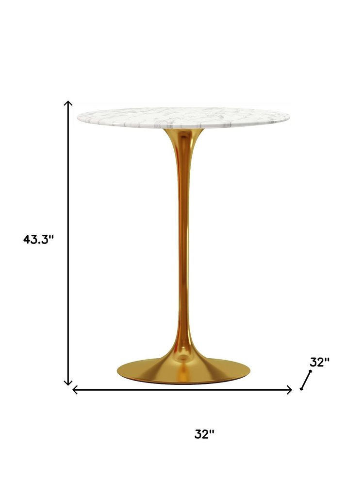 32" White and Gold Rounded Marble and Metal Bar Table