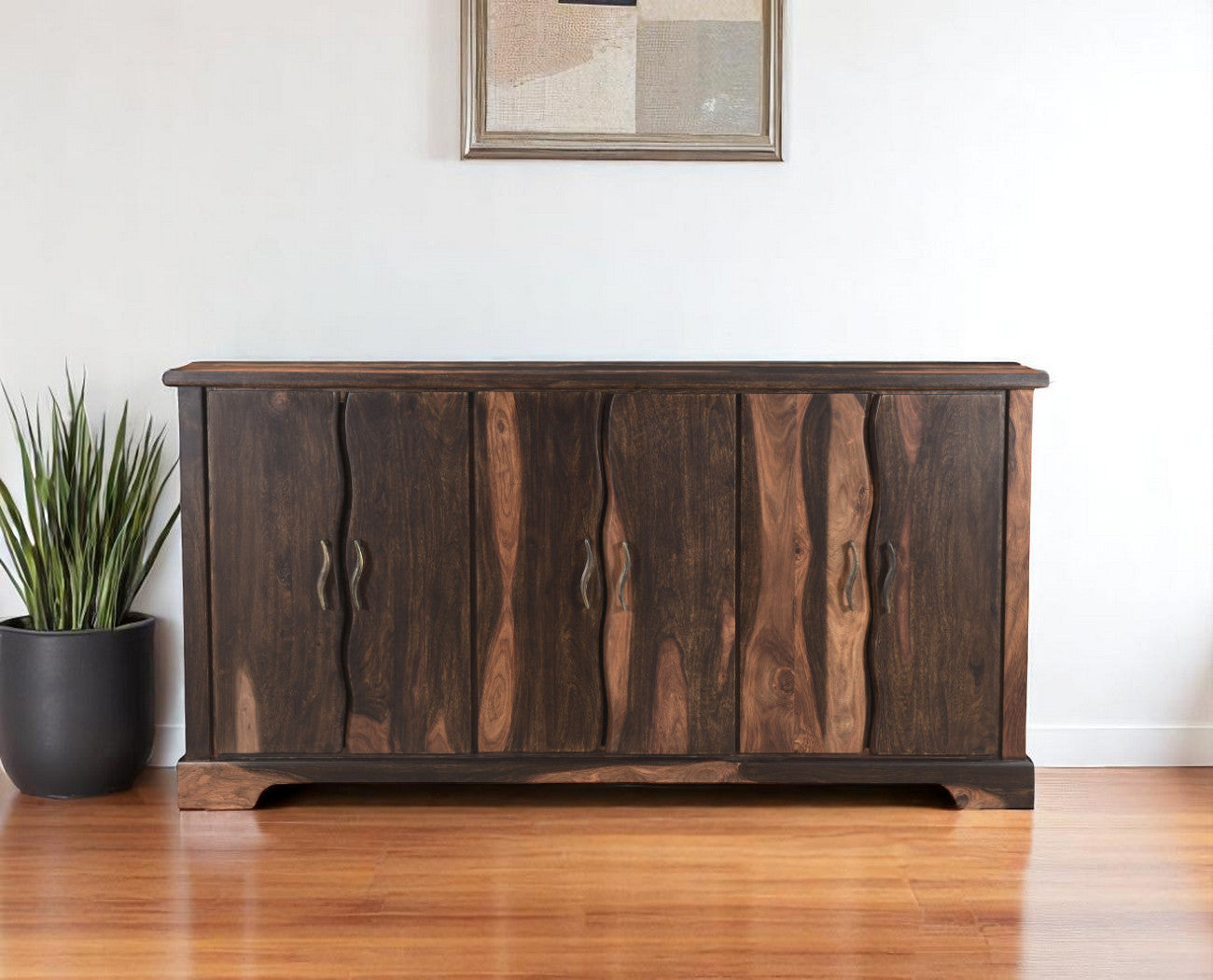 72" Dark Brown Solid Wood Live Edge Sideboard with Six Doors