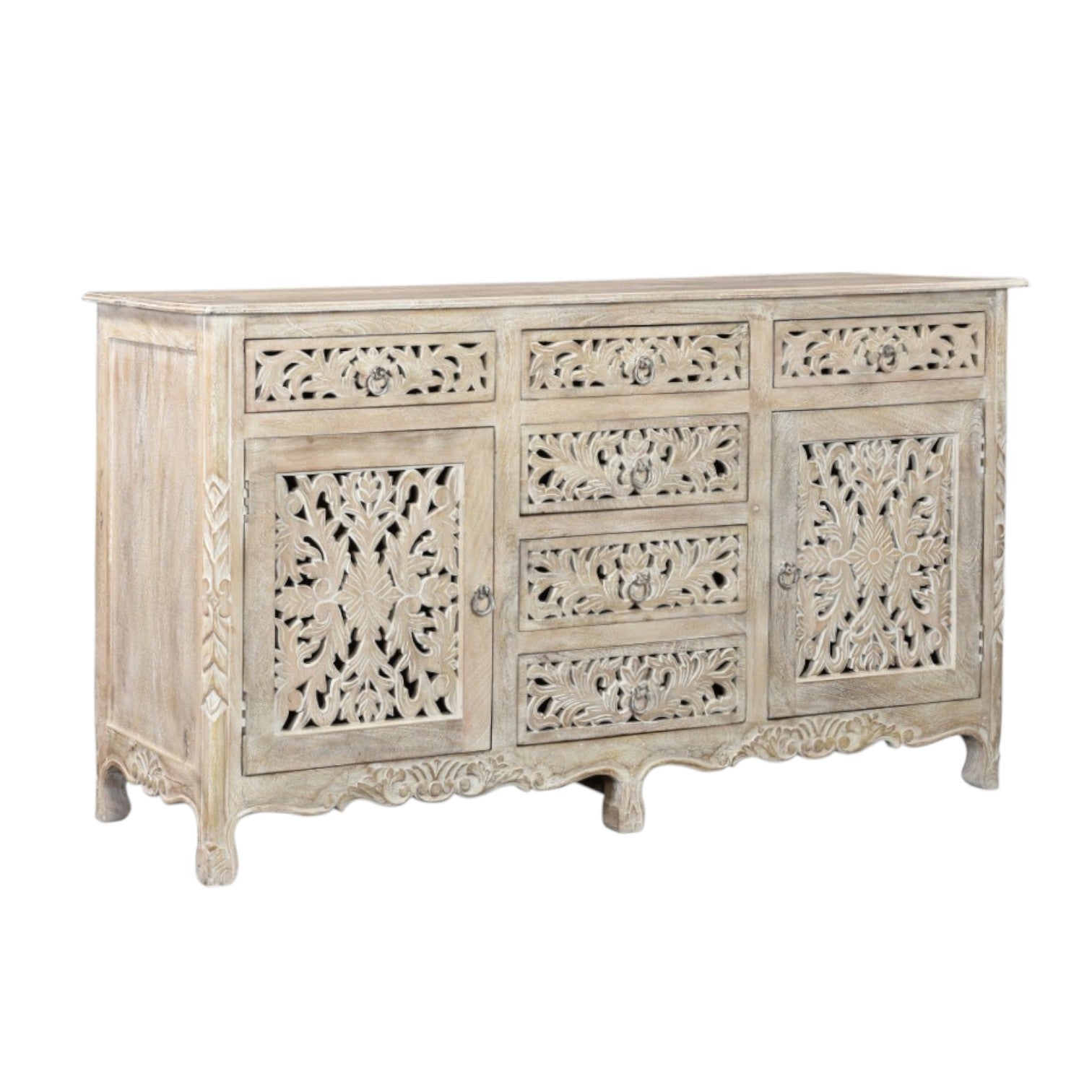 66" White Distressed Solid Wood Carved Floral Six Drawer Sideboard With Two Doors