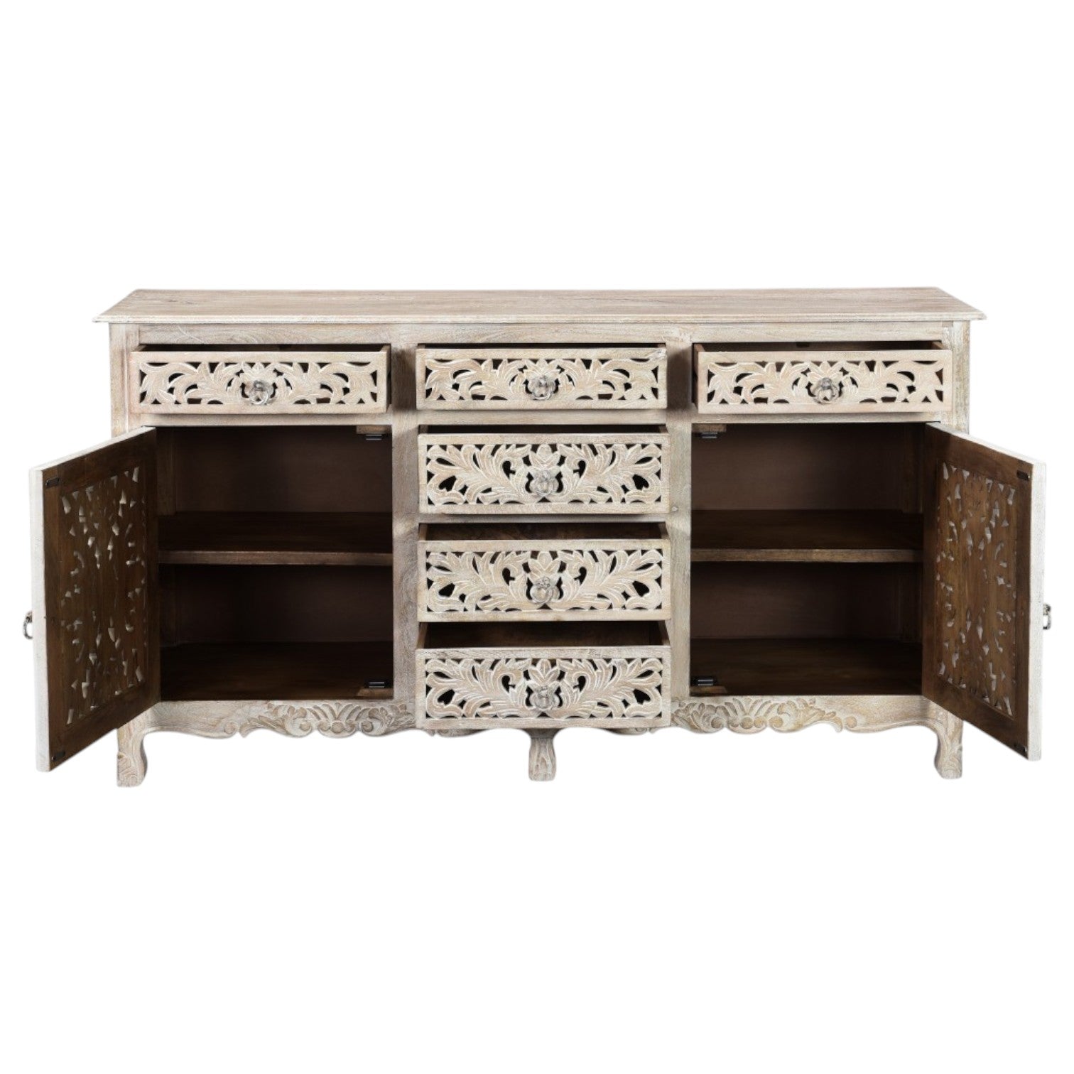 66" White Distressed Solid Wood Carved Floral Six Drawer Sideboard With Two Doors