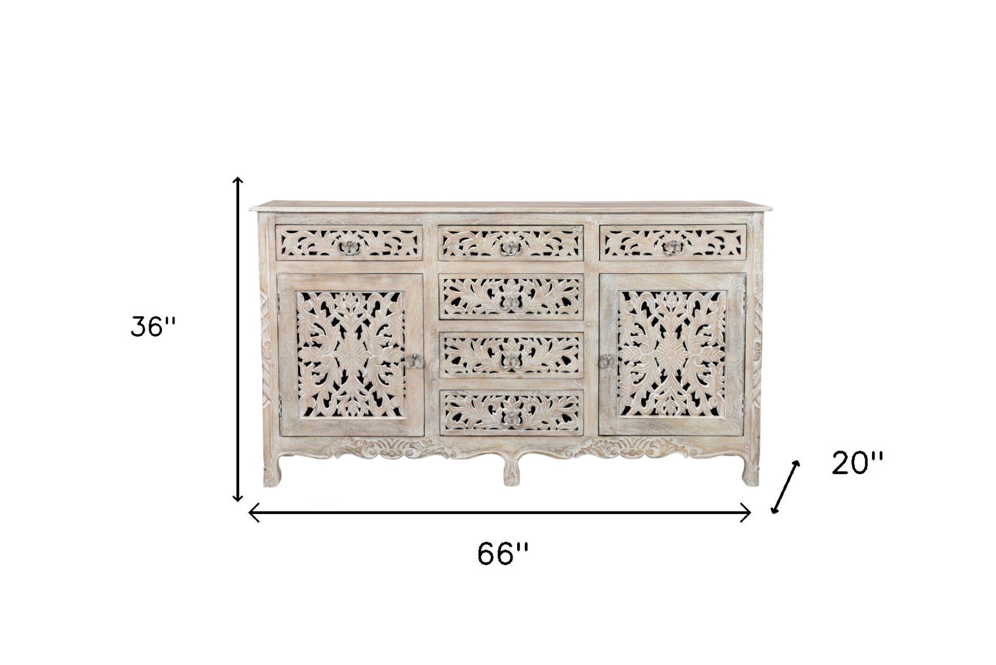 66" White Distressed Solid Wood Carved Floral Six Drawer Sideboard With Two Doors