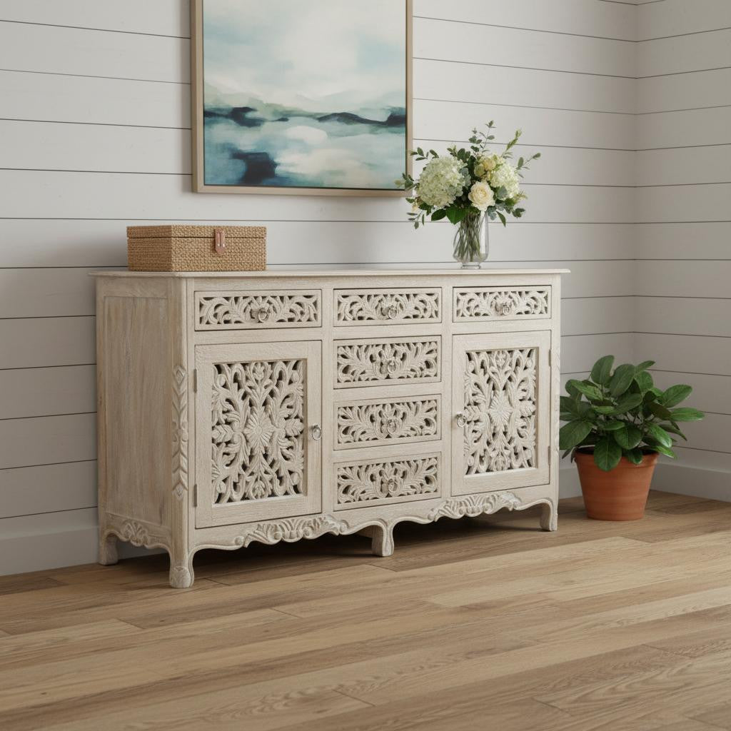 66" White Distressed Solid Wood Carved Floral Six Drawer Sideboard With Two Doors