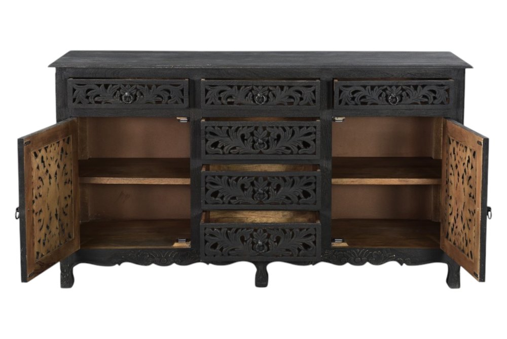 66" Black Distressed Solid Wood Carved Floral Six Drawer Sideboard With Two Doors