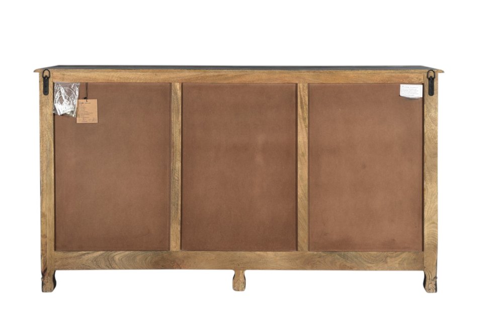 66" Black Distressed Solid Wood Carved Floral Six Drawer Sideboard With Two Doors