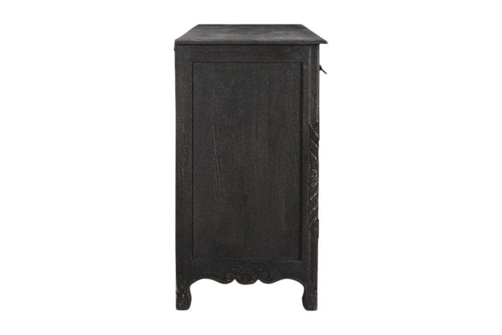 66" Black Distressed Solid Wood Carved Floral Six Drawer Sideboard With Two Doors