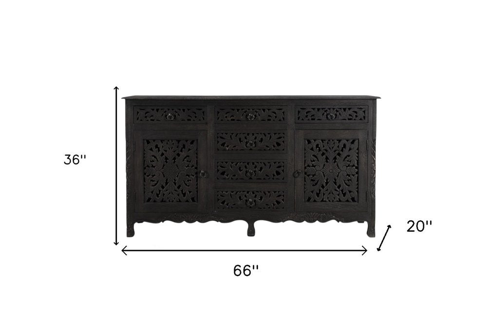 66" Black Distressed Solid Wood Carved Floral Six Drawer Sideboard With Two Doors