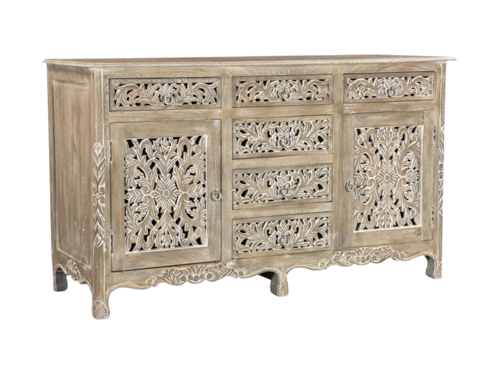 66" Gray Distressed Solid Wood Carved Floral Six Drawer Sideboard with Two Doors
