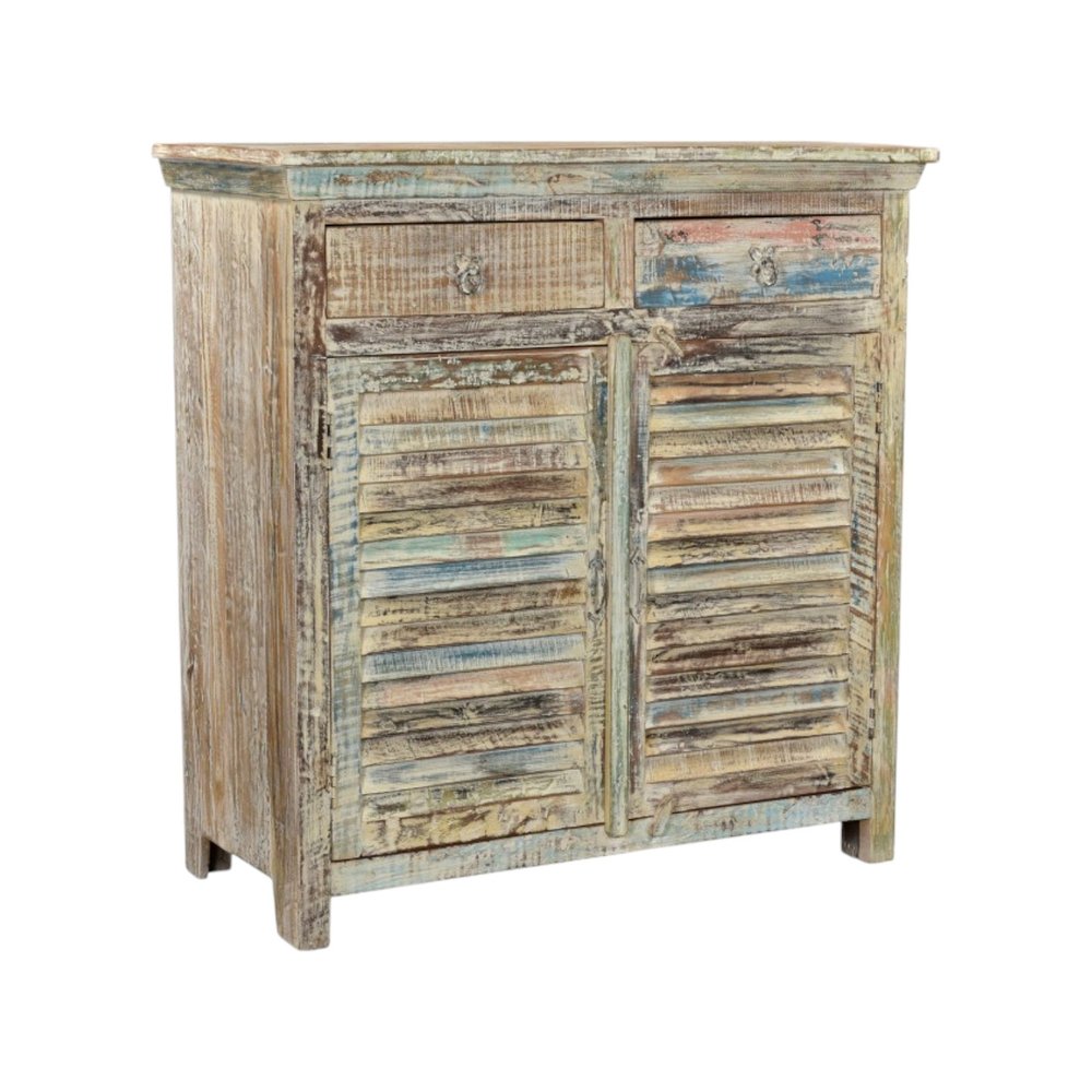 44" White Distressed Solid Wood Ribbed Texture Two Drawer Sideboard With Two Doors